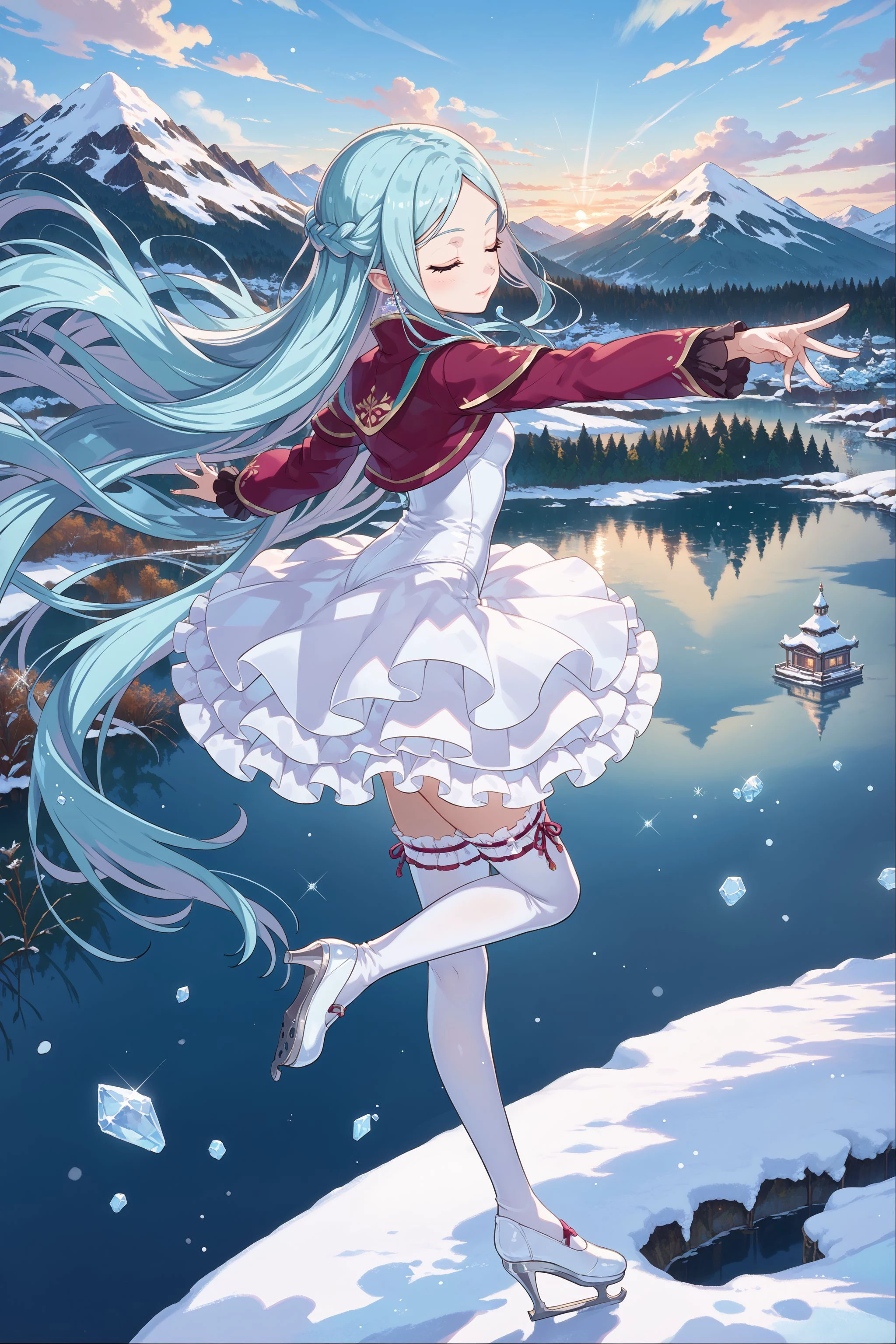 score_max, (score_9, score_8_up, score_7_up:1.2), score_6_up, official art,
masterpiece, absurdres, high detail, 8k,
winter, frozen lake, mountain, sunrise, sparkle, from side,
ice skating, standing on one leg, outstretched arms,  spread legs, closed eyes,
ririi, very long hair, floating hair, white leotard, white skirt, miniskirt, frilled skirt, white thighhighs, ice skates,
<lora:XL_Pony_gomaotsu-lily-t1:1>