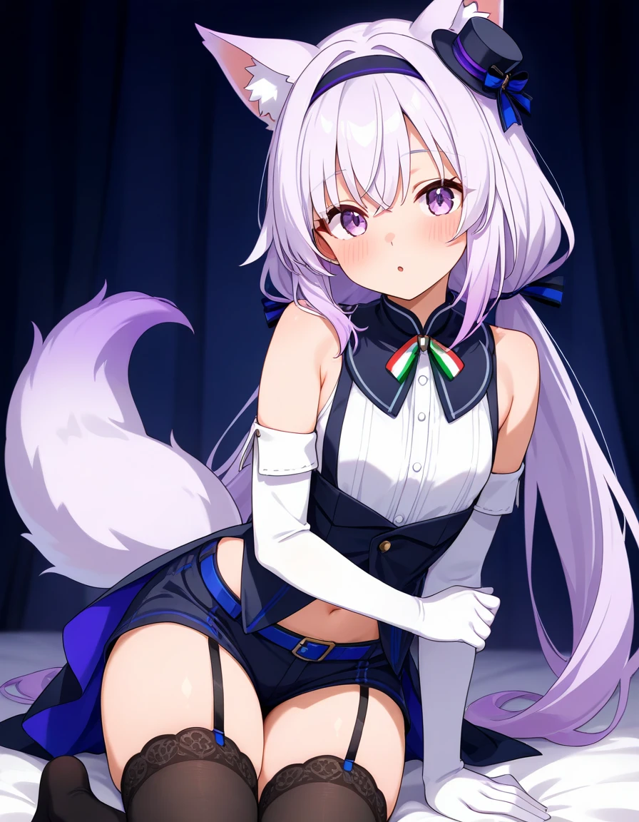 masterpiece, best quality, very aesthetic, absurdres, pino2nd, 1girl, fox ears,  light purple eyes, light purple hair, low twintails,  hairband, mini hat, multicolored neck ribbon, sleeveless, white elbow gloves,  short shorts, black thighhighs, garter straps, fox tail, <lora:ILcarropino:0.7>