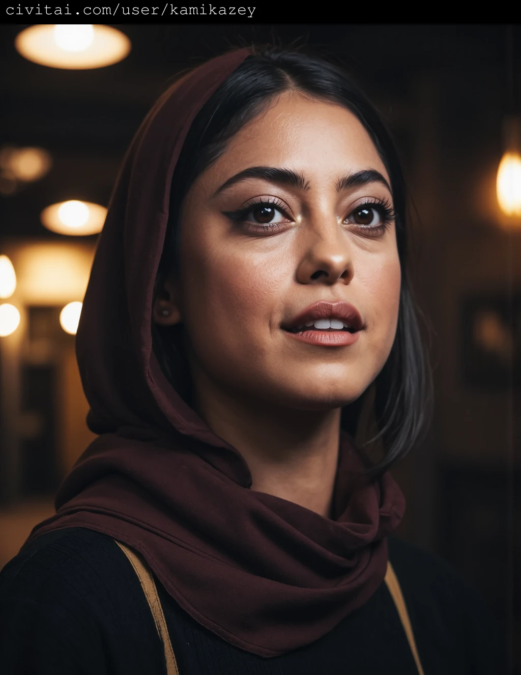 rosa_salazar with a serene expression, gazing slightly to the right. She has light olive skin and striking brown eyes, framed by long, straight dark hair that falls over her shoulders. Her facial features are delicate, with a slightly rounded jaw and full lips. She wears a deep brown, almost burgundy, headscarf that covers her hair, adding a touch of traditional modesty to her appearance. The background is a soft, blurred mix of dark tones with hints of warm, bokeh-like lights, creating a dreamy, almost ethereal atmosphere. The lighting is soft and diffused, casting gentle shadows that enhance her delicate facial contours. The overall mood is contemplative and introspective, with the image focusing on her face and the scarf, which adds depth and texture to the composition. The photograph is highly detailed, with a realistic, almost hyper-realistic style that captures the fine details of her skin and the texture of her headscarf. The image exudes a sense of quiet beauty and introspection, inviting viewers to appreciate the subtle nuances of her expression and attire.