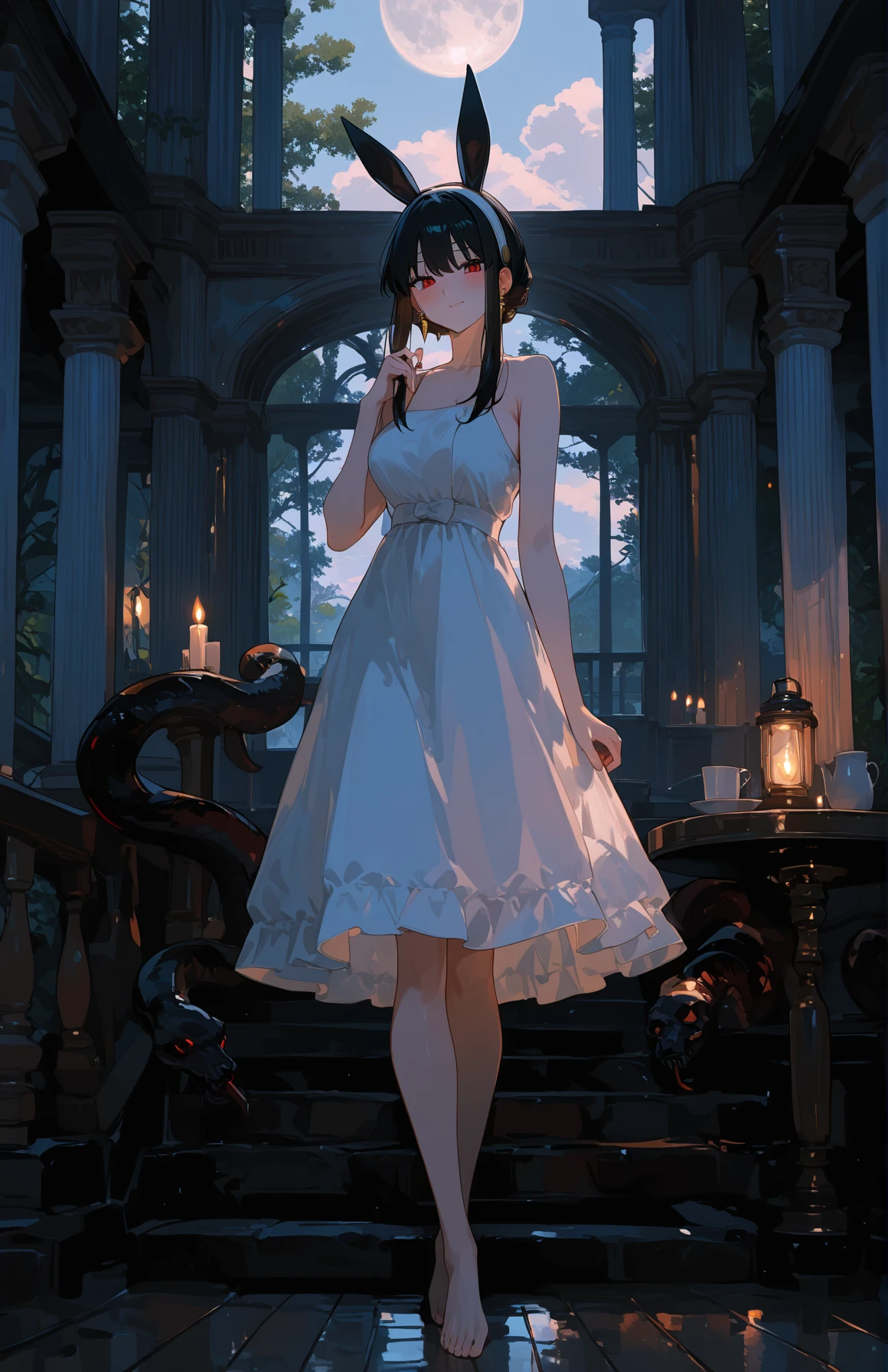 perfect quality,high quality,masterpiece,best quality,amazing quality,very aesthetic,absurdres,Cinematic Lighting,newest,Tactical use of shadow,
yor briar_cyql,1girl,solo,black hair,long hair,sidelocks,hairband,white hairband,red eyes,jewelry,earrings,
white dress, dress, scenery, animal ears, standing, barefoot, sleeveless dress, tree, looking at viewer, outdoors, wide shot, sleeveless, rabbit ears, candle, snake, stairs, blunt bangs, tentacles, indoors, closed mouth, bare shoulders, pillar, sundress, very full body, day, sidelocks, breasts, sky, railing, ruins, sunlight, bare arms, wooden floor, window, holding, moon, table, collarbone, cloud, smile, cup, architecture, backlighting, lantern, hand up,
<lora:yor briar_Illustrious by Cyql:1>,qxys,748cmstyle,EtherStyle,<lora:spo_sdxl_10ep_4k-data_lora_webui:0.7>,<lora:96YOTTEA-WAI:0.3>,<lora:illustrious_all_rated_v1:0.7>,<lora:748cmSDXL:0.9>,<lora:EtherSDXL:0.5>,,