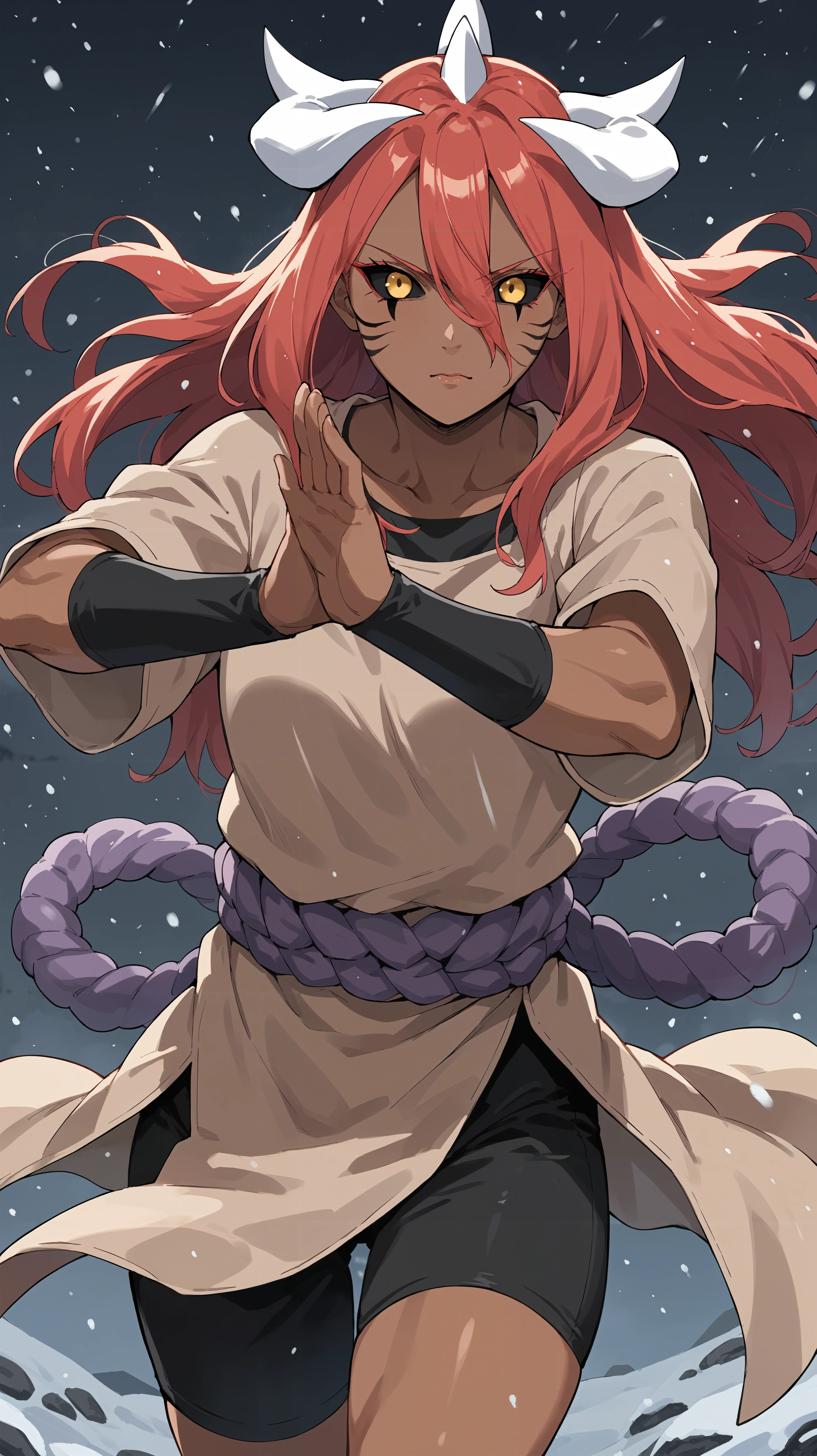 score_9,score_8_up,score_7_up,score_6_up, <lora:xl_more_art-full_v1:0.5>, source_anime, woman, dynamic pose, outstretched arms, <lora:Tayuya - Pony:0.8>, long hair, red hair, yellow eyes, black sclera, facial markings, dark skin, white horns, bTayuya, tan tunic, purple rope, black arm warmers, black shorts, winter, snowstorm, snowing, winter, visible breath,