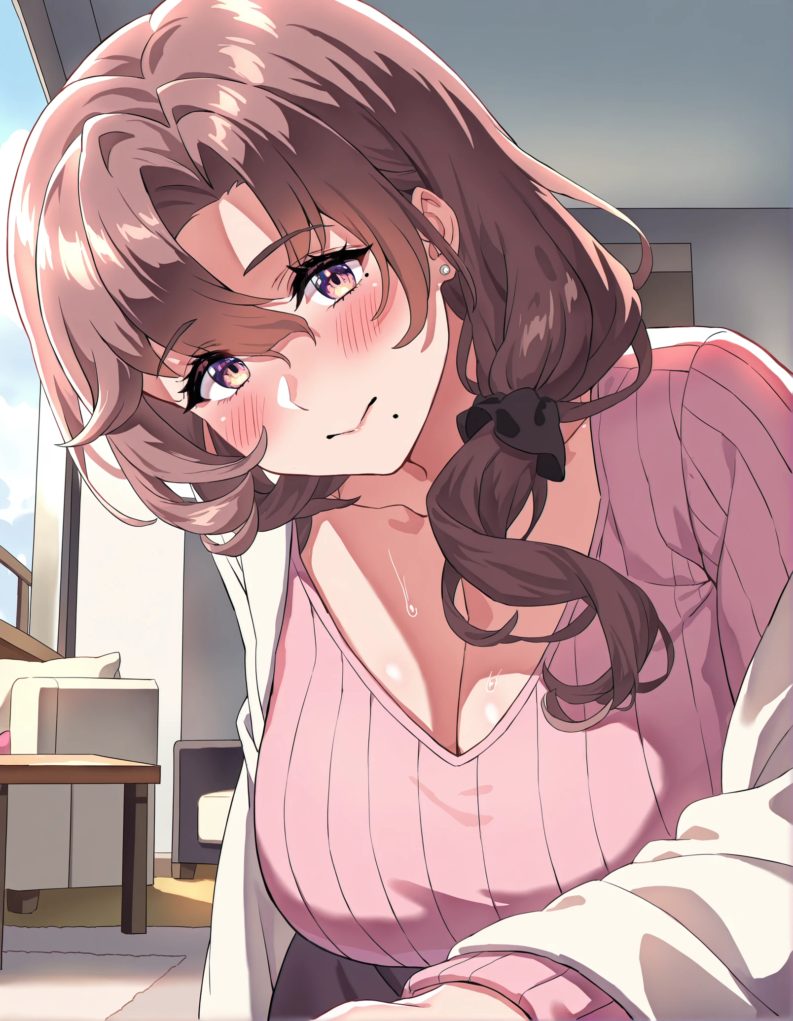 1girl,<lora:MeiXu-xiaojie-000018:0.85>,MeiXu,solo,mature female,milf,motherly,mother,Brown hair,mole,mole under mouth,long hair,hair between eyes,hair over shoulder,bangs,collarbone,sweat,curvy,slender waist,dynamic pose,Sweater,coat,living room,sofa,window,table,carpet,home,looking at viewer,sky,cloud,
year 2024,(very awa, very aesthetic, masterpiece, best quality, highres, absurdres,:1.2),