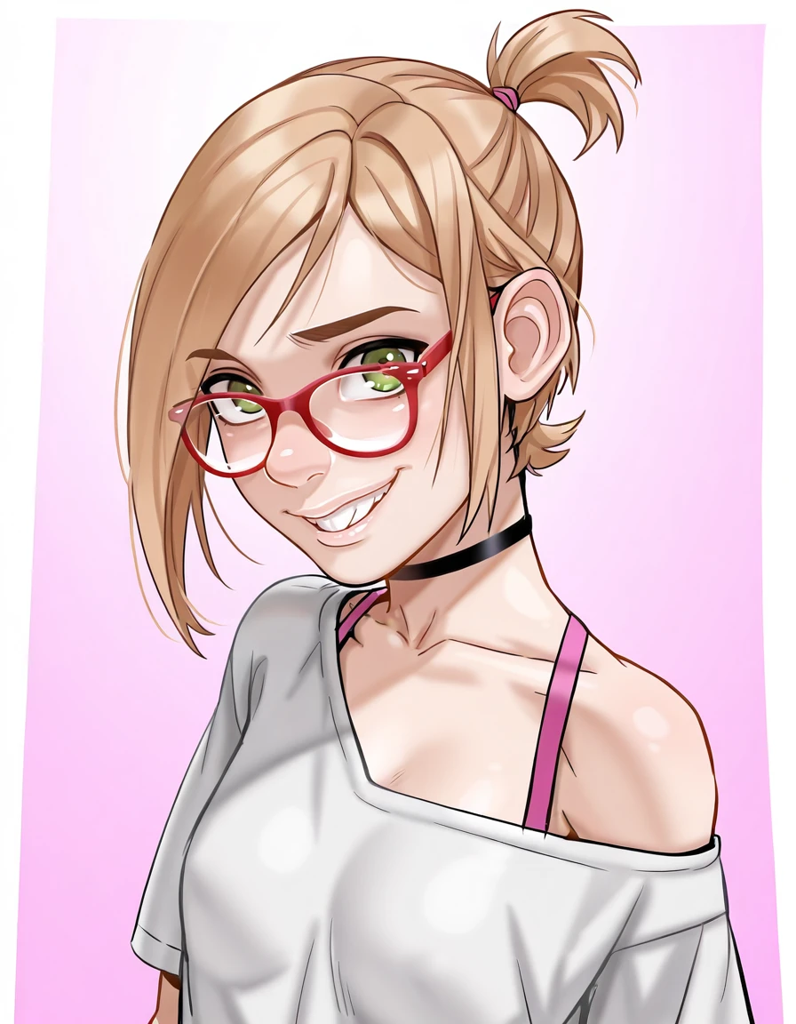 <lora:DarcyIllustrious1.0JLFO:1> darcy, glasses, 1girl, red-framed eyewear,short ponytail, short hair, blonde hair, teeth, breasts, smile, choker, green eyes, small breasts, looking at viewer, shirt, off shoulder,