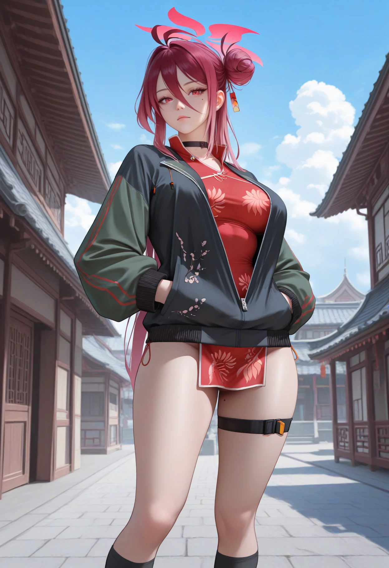 masterpiece, best quality, realistic, solo, 1girl, kymrjo, mole under eye, mole on thigh, expressionless, looking at viewer, standing, hands in pockets, long hair, red hair, hair between eyes, antenna hair, single side bun, red halo, red eyes, two-tone jacket, black jacket, green jacket, letterman jacket, partially unzipped, long sleeves, chinese clothes, red dress, china dress, pelvic curtain, thigh strap, kneehighs, black socks, black choker, outdoors, blue sky, cloud, town, east asian architecture, building
<segment:yolo-face_yolov8m.pt,0.4,0.5//cid=1>