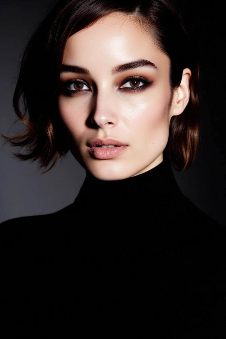 Create a close-up, high-fashion portrait of a woman with striking eyes and a calm, confident expression. Her hair is styled in a sleek manner, revealing her facial features with clarity. She wears a sophisticated black high-collar outfit that exudes elegance and minimalism. The background is a smooth gradient of dark gray, enhancing the overall refined and contemporary aesthetic. The lighting is soft yet directional, highlighting her flawless complexion and subtle makeup, with a focus on her eyes and cheekbones. The mood of the portrait is polished, modern, and artistic.