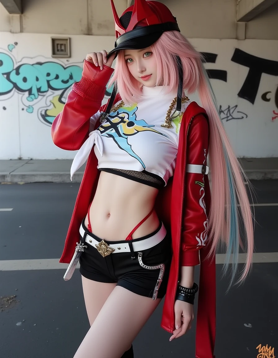 {{highest quality, 1080p, masterpiece :1.3, High resolution (High Dynamic Range),超High resolution, Realistic, Ultra-realism, Digital SLR, Sharp focus :1.2,Natural light and shadow, RAW Photos, Slim figure, Flat stomach, Highly detailed face and skin texture, Light pink hair, Very fine hair, Fine grain, double eyelid, Very beautiful face, Upper teeth slightly visible, Simple facial structure, Gorgeous Asian Women, ((Detailed facial features)), (Detailed skin), Pale skin, Realistic skin texture,Light comes out from the green ornament., Extreme Skin Detail, oc rendering reflection texture, Realistic Light and Shadow }}, A single photo, alone, 20-year-old, Height 165,((1. Mechanical Girl)), Mecha, Mecha girl, Droid, (Remote Whole Body Imaging), {{ Bare skin reveals cleavage, Glossy black bodysuit, Exquisite Jewelry Details、Very intricate details、Realistic light, To the camera, Girl with a mechanical robot body., A mechanical cervix is attached to the neck, The robot&#39;s circuitry is packed into the center of its back.., Beautiful breasts, White mechanical shoulder armor on both sides., Mechanically articulated elbow, There are white mechanical hip armors on both sides.、It has a circular blue neon light in the center。.,Chest electrical circuit., model diagram, Mechanical abdomen, belly button, Flat stomach, Mechanical arm, Mechanical hand, Mechanical knee, Electromechanical circuitry in the crotch, Machine shank, Mechanical calves, Mechanical High Heel, Chest electromechanical circuitry,}} ,Standing pose