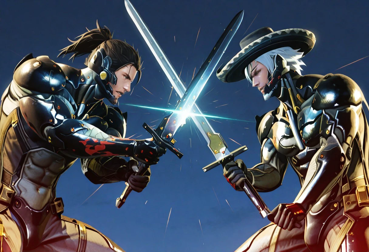 masterpiece, best quality, newest, absurdres, highres, anime, anime style, SwordClash, 2boys, multiple boys, BREAK 1boy, RaidenMGRSombrero, muscular male, white hair, short hair, hat, cyborg, mechanical chin, bodysuit, eyepatch, one eye covered, SwordClash, sword, holding sword, sword, weapon, holding weapon,
BREAK 1boy, JetstreamSam, brown eyes, cyborg, bodysuit, headgear, beard, SwordClash, sword, holding sword, sword, weapon, holding weapon,