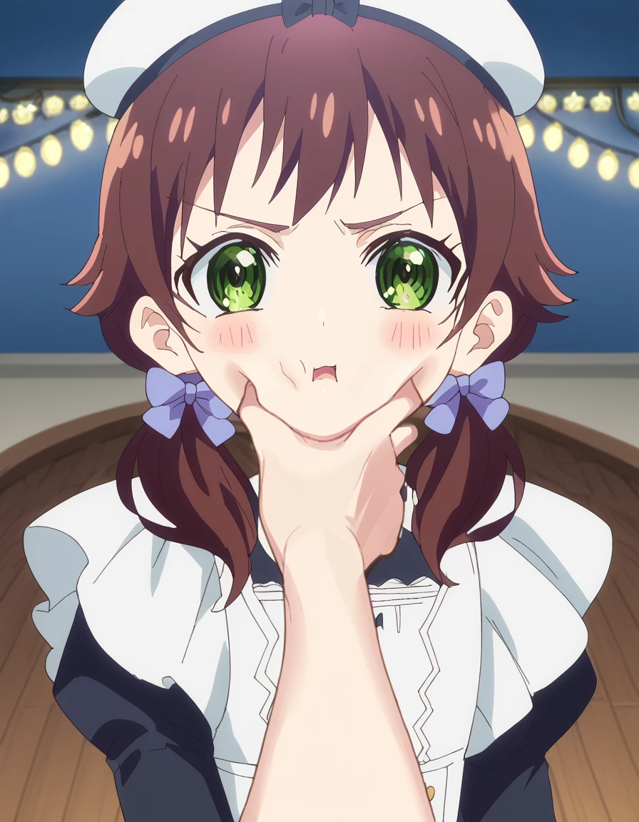 score_9, score_8_up, score_7_up, source_anime, <lora:seireigensouki-chloe-s2-ponyxl-lora-nochekaiser:1>, chloe, brown hair, twintails, green eyes, hair bow, anime screencap,, long sleeves, hat, apron, maid, runway, landing, lights, speed, takeoff, , <lora:pov-cheek-grabbing-ponyxl-lora-nochekaiser:1> pov cheek grabbing, pov cheek grabbing (meme), meme, squeezing cheeks, pov hands, cheek squash, face grab, pov, blush, parted lips, bed room,, cowboy shot, looking at viewer,, looking at viewer, solo,, cowboy shot