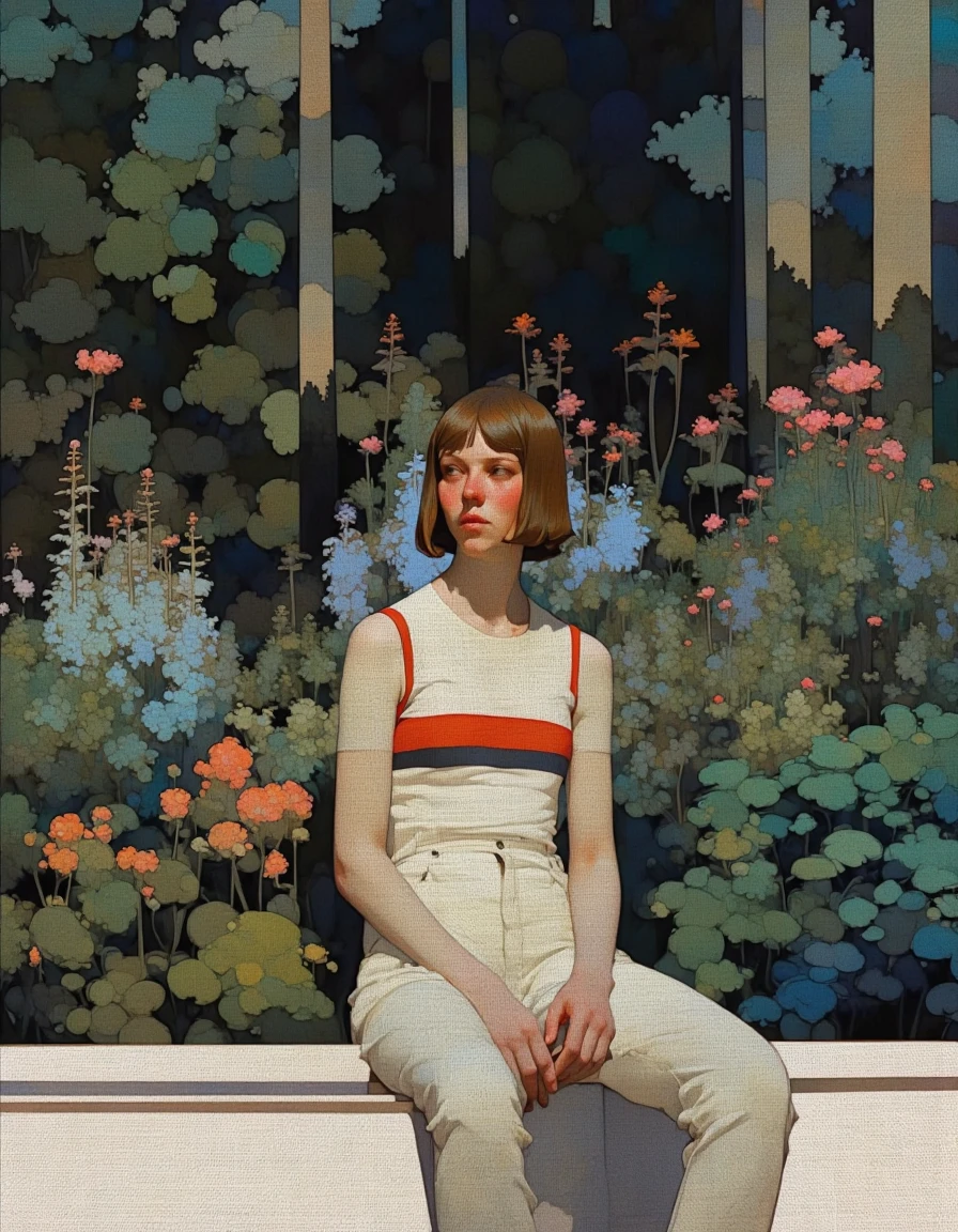 Steve McDonald Art. This is a digital painting depicting a young woman seated on a stone ledge, surrounded by a lush, vibrant garden. The woman has light skin and short, straight, light brown hair. She is dressed in a white, sleeveless crop top with a red and blue horizontal stripe across the chest, paired with high-waisted, white pants. Her posture is relaxed, with her legs slightly apart and her hands resting on her knees.
The background is a rich, detailed garden scene filled with various plants and flowers in shades of green, blue, and pink. Tall, dark trees with broad trunks stand in the distance, adding depth to the scene. The foliage is dense, with leaves and flowers of different sizes and colors, creating a textured, almost three-dimensional effect. The garden is bordered by a low, white stone wall, which the woman is seated on.
The style of the painting is realistic with a slight impressionistic quality, using soft, blended brushstrokes and a muted color palette. The lighting is natural, casting gentle shadows and highlighting the textures of the woman's clothing and the garden's foliage. The overall mood of the painting is serene and contemplative. <lora:Steve_McDonald:1.25>