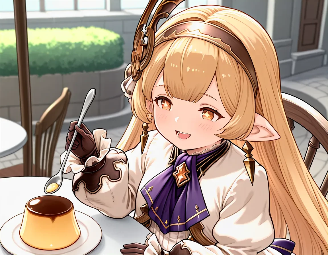 1girl,granblue fantasy,
maglielle, blonde hair, orange eyes,  white dress,  earrings,  hairband, hair ornament,   frilled sleeves,  brown gloves,puffy long sleeves, sleeves past wrists, layered dress,  purple ascot, 
<lora:maglielle-ilstlion:1>
outdoors, plump,fat, upper body,smile,looking another,cafe,
(star-shaped pupils,:1.2) sitting,chair,table, open mouth, teeth,pudding à la mode,holding spoon,, masterpiece, best quality,  absurdres, highres