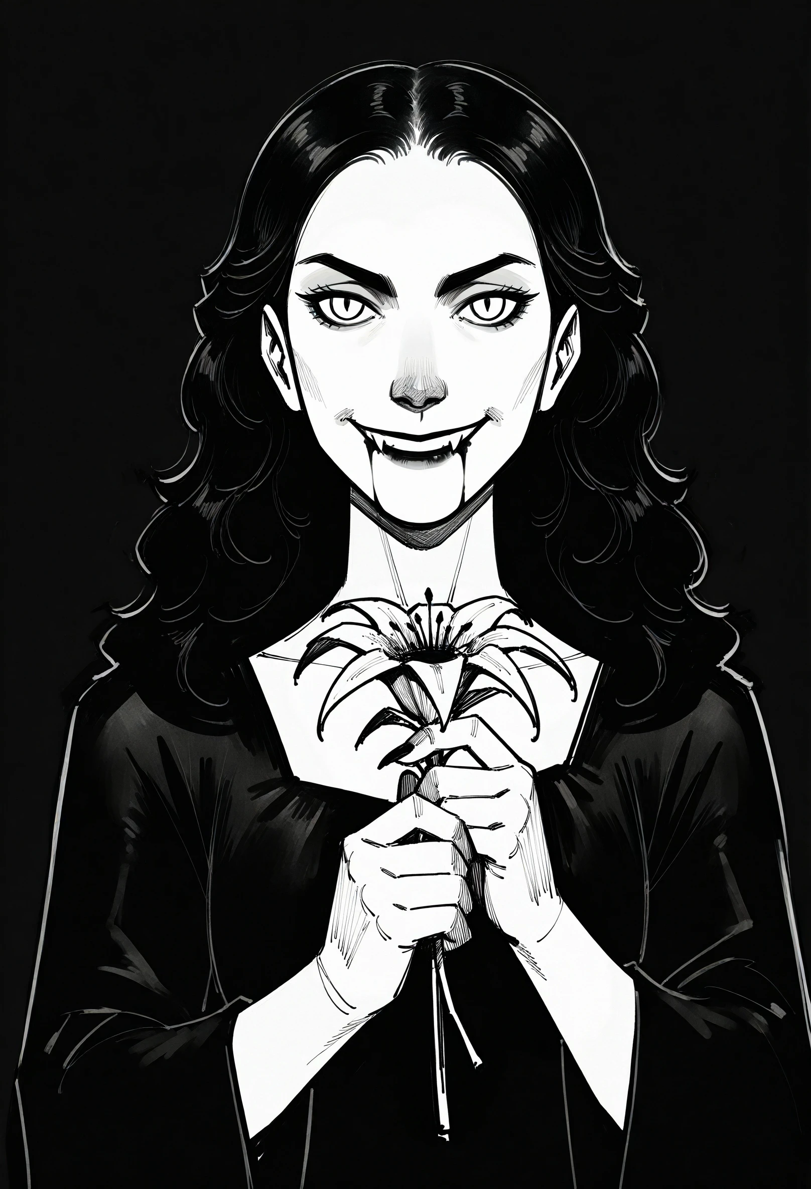 very awa, masterpiece, highres, absurdres, newest, year 2024, year 2023, 
sketch, greyscale, monochrome,  1girl, solo, vampire, blood from mouth,  upper body, (looking at viewer:1.1),  staring, fangs, head tilt, smile, lips, nose, holding flower, dead flower, 
black background,
<lora:phobs:0.75> <lora:ponyv6_noobV1_1_adamW:0.35> <lora:spo:1>