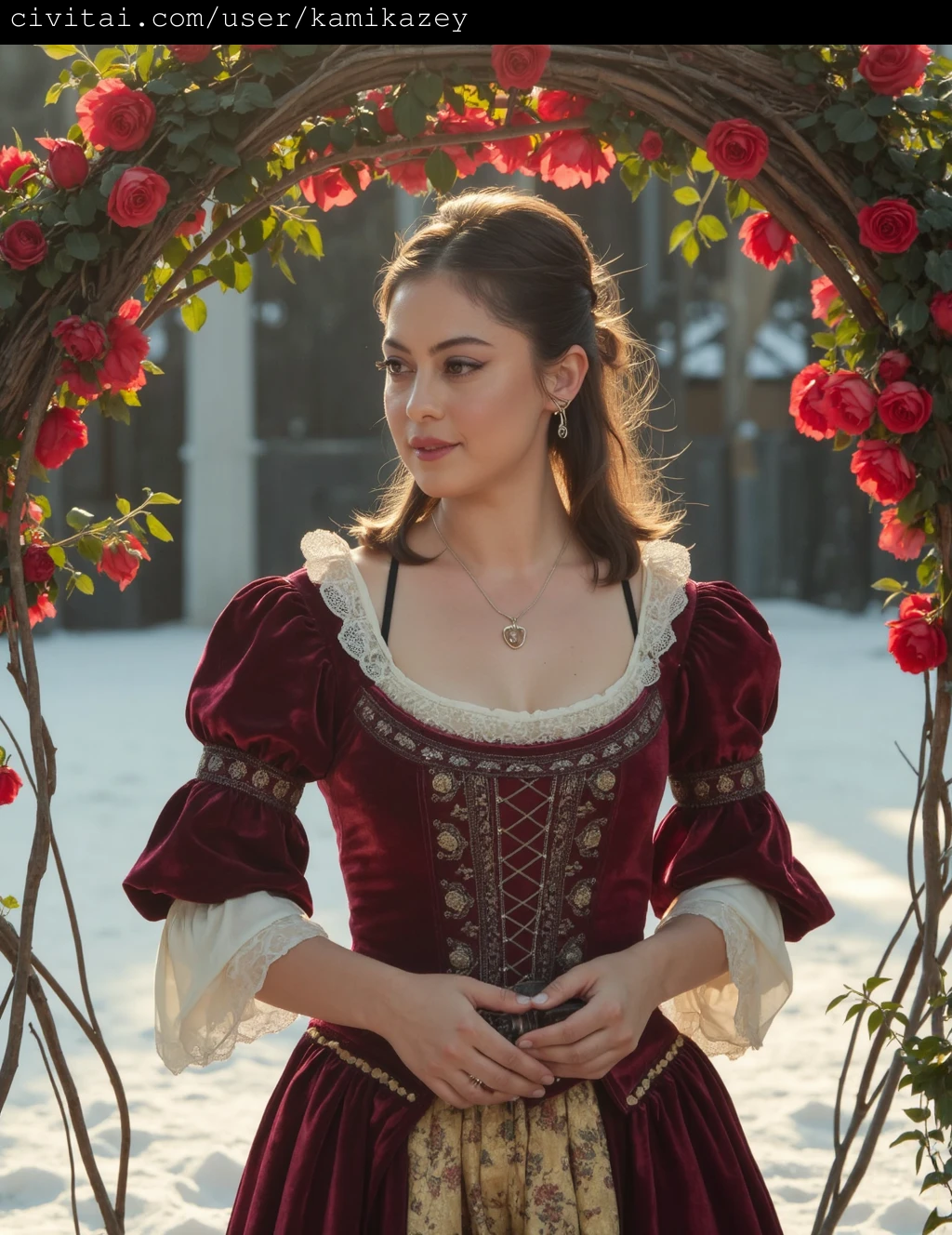 This is a photograph of rosa_salazar standing in a snowy, outdoor setting, surrounded by an intricate archway made of intertwined branches and roses. rosa_salazar has light brown hair styled in loose curls, cascading over her shoulders. She is dressed in a Renaissance-style gown with a deep burgundy velvet bodice and a white lace trim, complemented by a golden brocade panel at the waist. The sleeves are puffed and adorned with gold and silver embroidery. She wears a delicate golden necklace and small, oval-shaped earrings. In her hands, she holds a small, wooden, five-stringed mandolin, gazing softly into the distance with a serene expression.
The background features a snow-covered ground with no visible structures, emphasizing the natural, wintry setting. The archway behind her is adorned with vibrant red roses, interspersed with green leaves, adding a romantic and lush element to the scene. The photograph has a warm, sepia-toned filter, giving it an antique, vintage feel. The overall composition and color palette evoke a sense of timelessness and tranquility, as if the subject is a muse in a fairy tale.