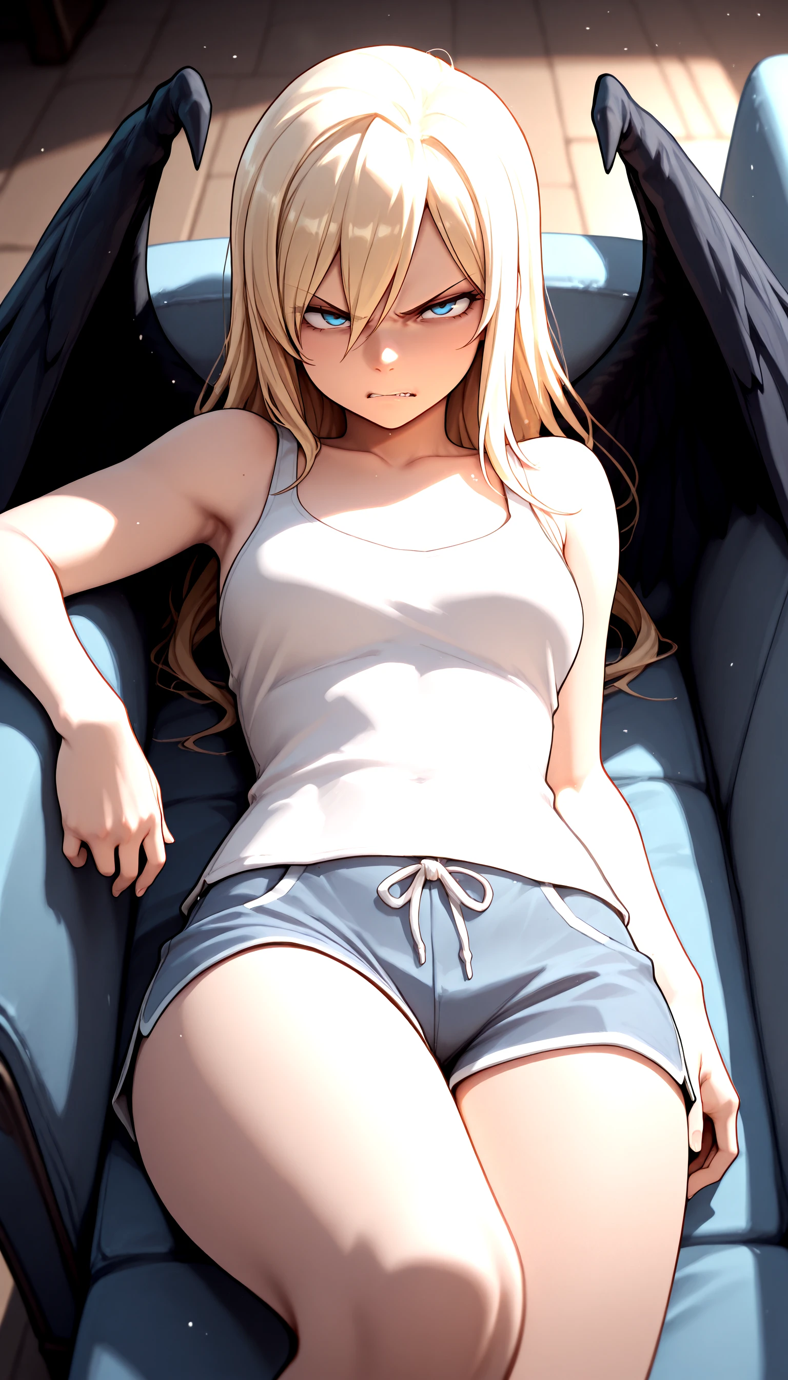 tanned skin anime girl with long hair wearing cropped backtied top and jean shorts laying down
