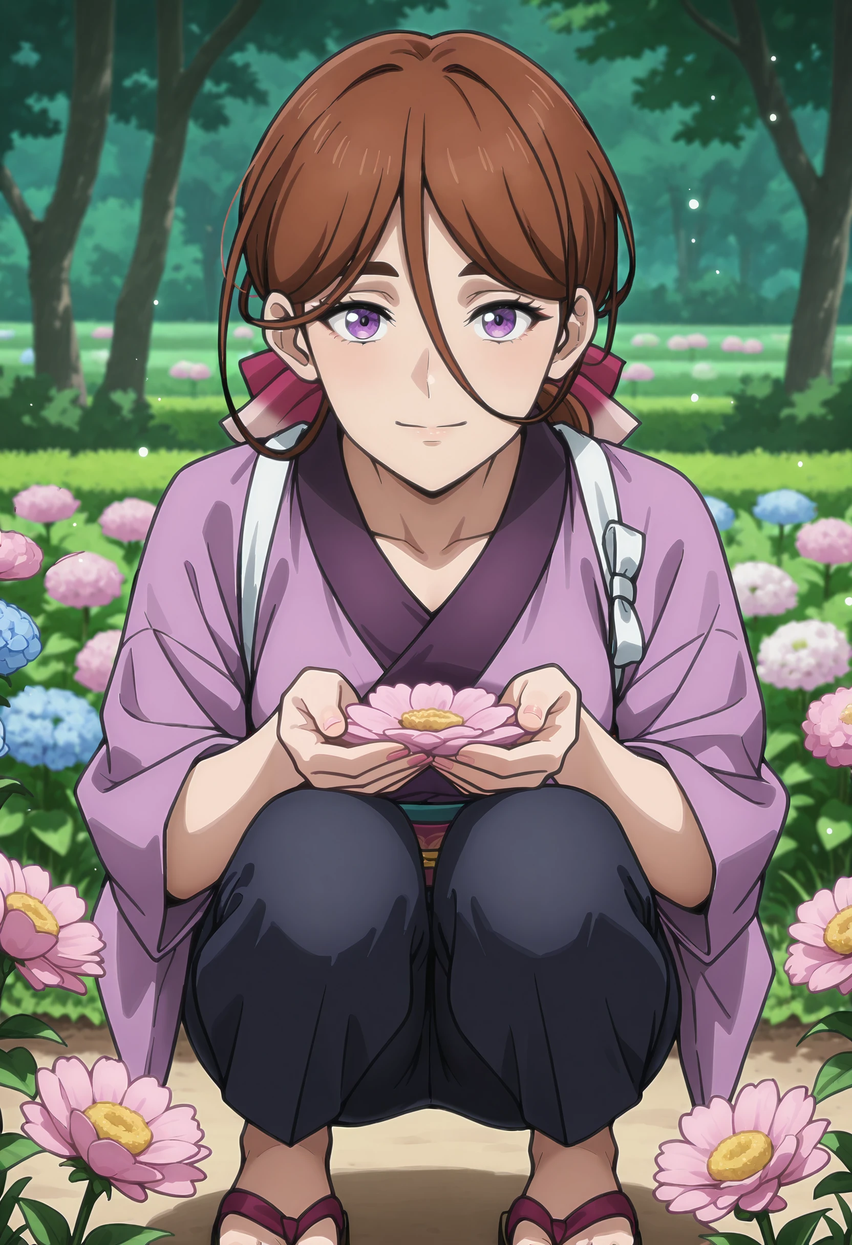 perfect quality, high quality, masterpiece, absolutely eye-catching BREAK
<lora:Rurouni_Kenshin_-_Satsuki:1> kenshinsatsuki, purple eyes, brown hair, hair between eyes, hair ribbon, long hair, ponytail BREAK
purple kimono, blue sweatpants, sandals BREAK
outside, field, flowers, dappled sunlight, light particles BREAK
picking flowers, squatting, looking at viewer, light smile, cowboy shot, dutch angle