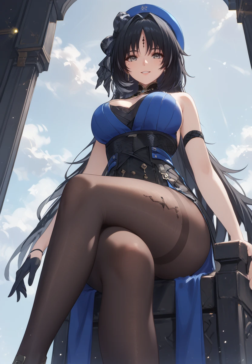 ((nsfw:2.0)),(All-black overcoat),(A girl with long, dark hair)、(Beautiful blue eyes),(hair over one eye)、(cute),(Moe sleeves),black tights、(Beautiful night sky)、M-shaped legs