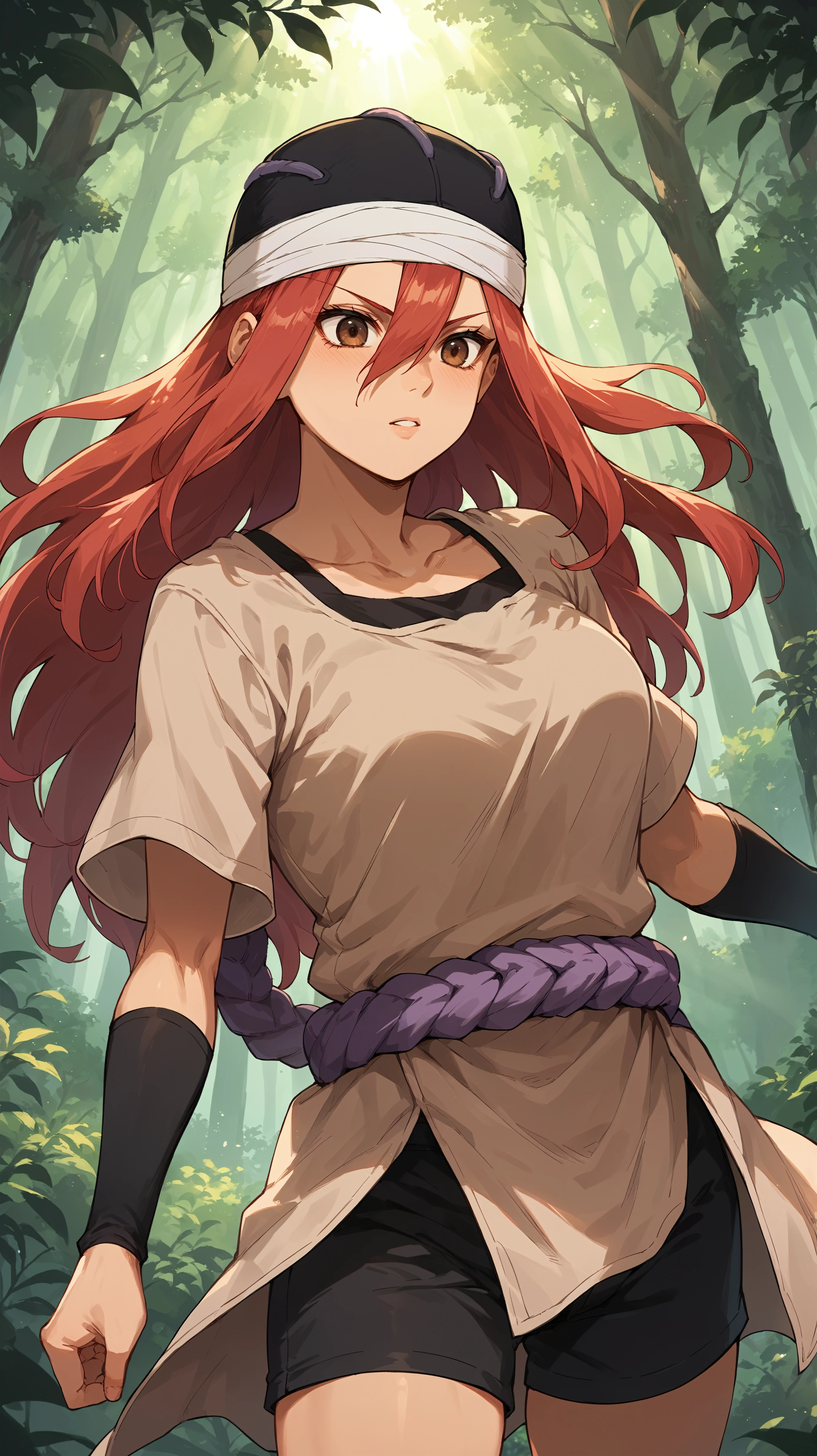 score_9,score_8_up,score_7_up,score_6_up, <lora:xl_more_art-full_v1:0.5>, source_anime, woman, dynamic pose, leaning back, <lora:Tayuya - Pony:0.8>, long hair, red hair, brown eyes, black hat, tan tunic, purple rope, black arm warmers, black shorts, aTayuya, forest, nature, light rays,