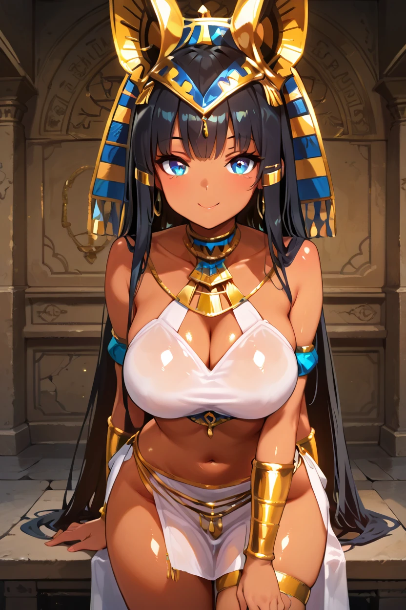 masterpiece, best quality, solo, curvy, beautiful eyes,,<lora:RamessesIXL:1.0>, zzRamesses, blue eyes, black hair, dark skin, pharaoh's headdress, jewelry, gold, white crop top, white pelvic curtain,, cowboy shot, leaning forward, smile, looking at viewer, shiny skin,