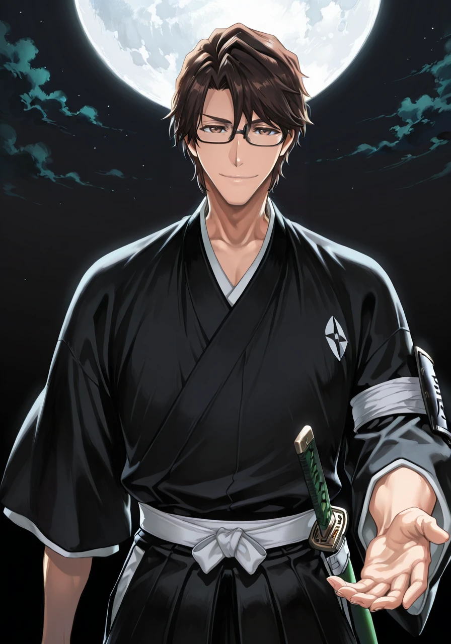 amazing quality,very aesthetic,illustration,absurdres,best quality,newest,masterpiece,4k resolution,
night_sky,black background,white moon,
male focus,Aizen_Sousuke,1boy,solo,brown hair,brown eyes,
shinigami kimono,black kimono,glasses,black kosode,black hakama,white belt,
Lieutenant's Armband,
smile,reaching,scabbard,green hilt,
cinematic_angle,upper_body,looking_at_viewer,
<lora:Aizen_Sousuke_Illustrious>,