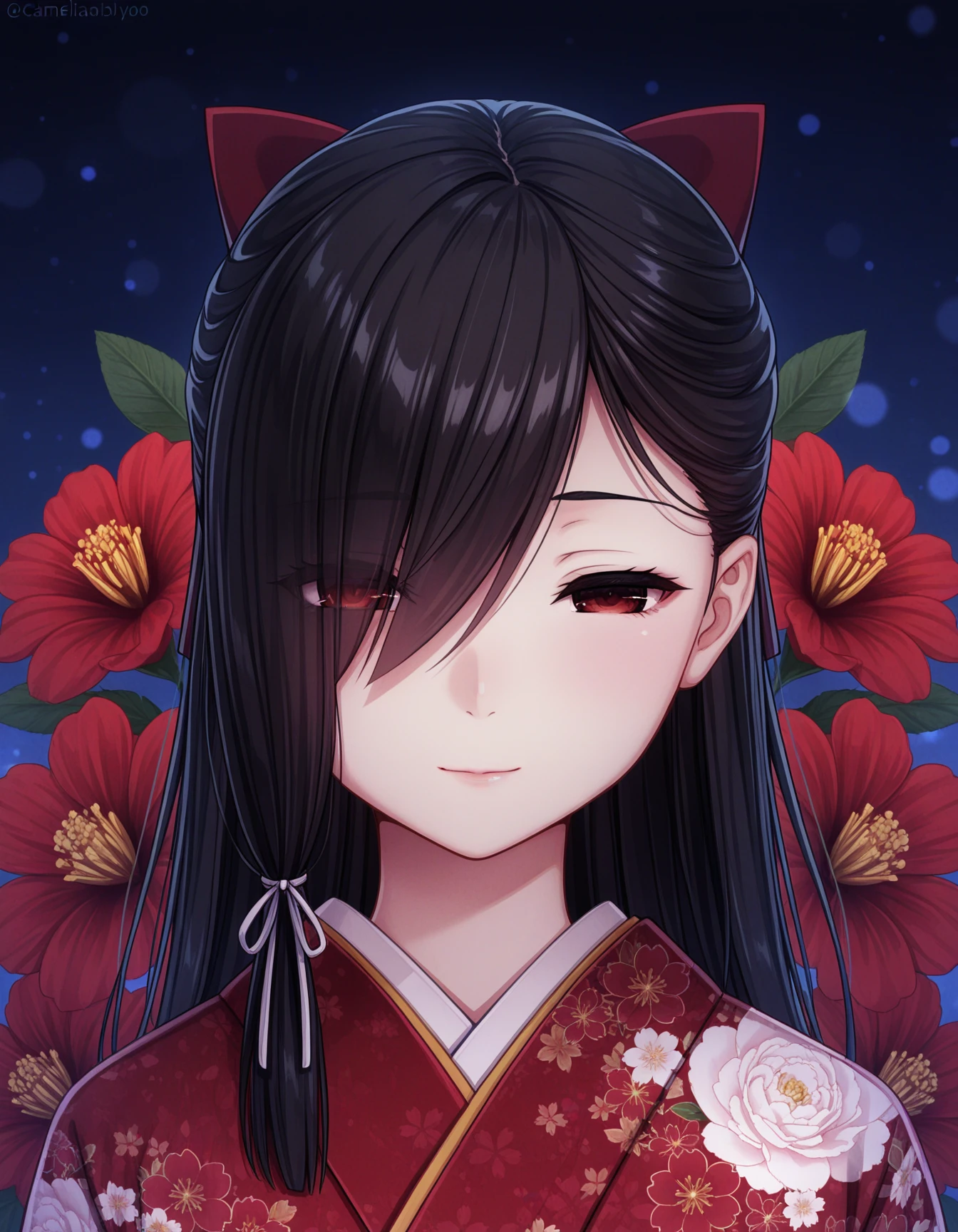 1girl, solo, black hair, long hair, hair ribbon, hair over one eye, eyes visible through hair, red eyes, light smile, narrowed eyes, red kimono, floral kimono, portrait, outdoors, red flower background, camelia, night <lora:nagami_kiyora_ilxl_v1:0.6>