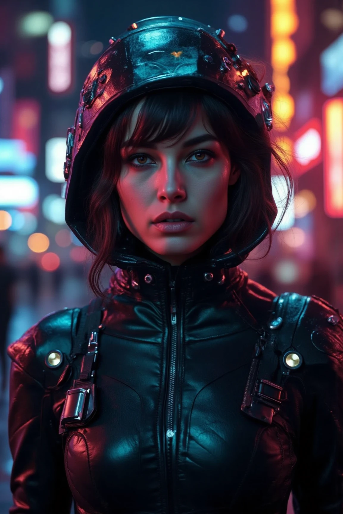 In a masterclass of futuristic portraiture, a woman stands resplendent against the neon-drenched backdrop of a cyberpunk city. Soft, even lighting wraps around her face, accentuating the intricate details of her cybernetic attire. Her eyes, pools of piercing intensity, lock onto the viewer's gaze, exuding an air of confidence and mystery. Centred in the frame, she presents herself with an unwavering sense of purpose, as if daring the viewer to look away. The medium-body portrait is a masterpiece of composition and lighting, capturing every nuance of her cyberpunk persona.