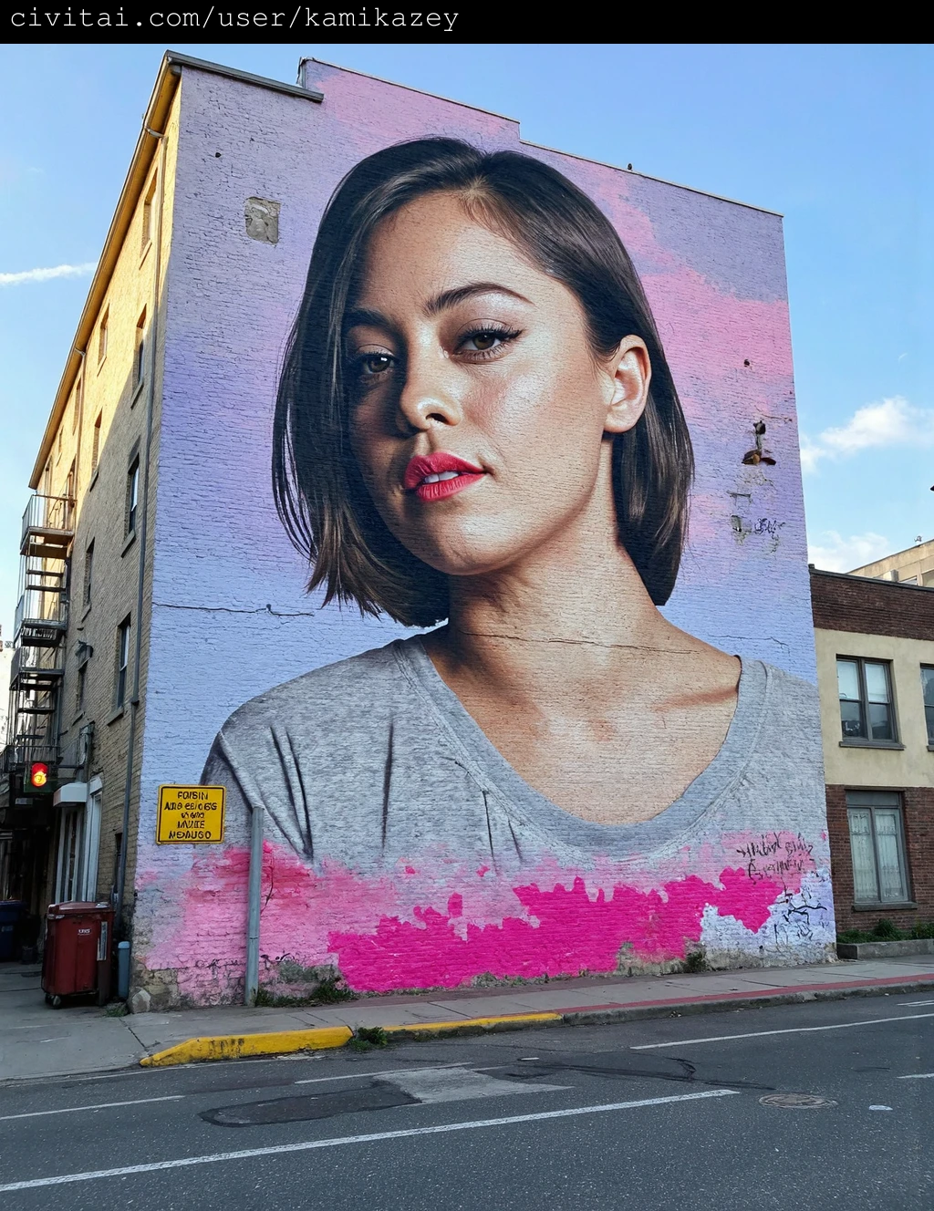 This photograph captures a large, realistic mural of rosa_salazar with dark brown, shoulder-length hair, wearing a light grey, long-sleeved shirt. The mural is painted on the side of a brick apartment building, featuring a detailed, hyper-realistic style. The subject gazes directly at the viewer with a serious, contemplative expression. Her eyes are dark brown, and her lips are painted a vivid pink, adding a striking contrast to her neutral complexion. The mural is adorned with a soft, pastel blue and pink spray-painted background, which adds a whimsical and playful element to the otherwise somber subject.
The building itself is a typical urban structure, with several floors and balconies, painted in a muted beige. Surrounding the mural, there are signs and graffiti, including a "No Parking" sign and various scribbles. The street in front of the mural is paved with asphalt, and a small patch of grass is visible at the base of the mural. The overall scene suggests a gritty, urban environment, with a blend of art and everyday life.