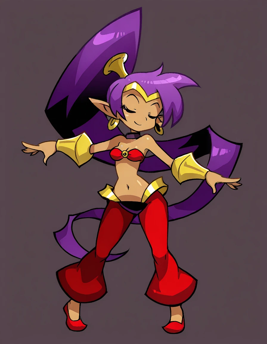 <lora:ShantaeIllustrious1.0JLFO:1> shantae, 1girl, solo, purple hair, dark skin, pointy ears, , ponytail, o-ring top,red harem pants, bracer, choker, tiara,shoes, looking at viewer, full body,  standing,simple background,dancing, smile, closed eyes,