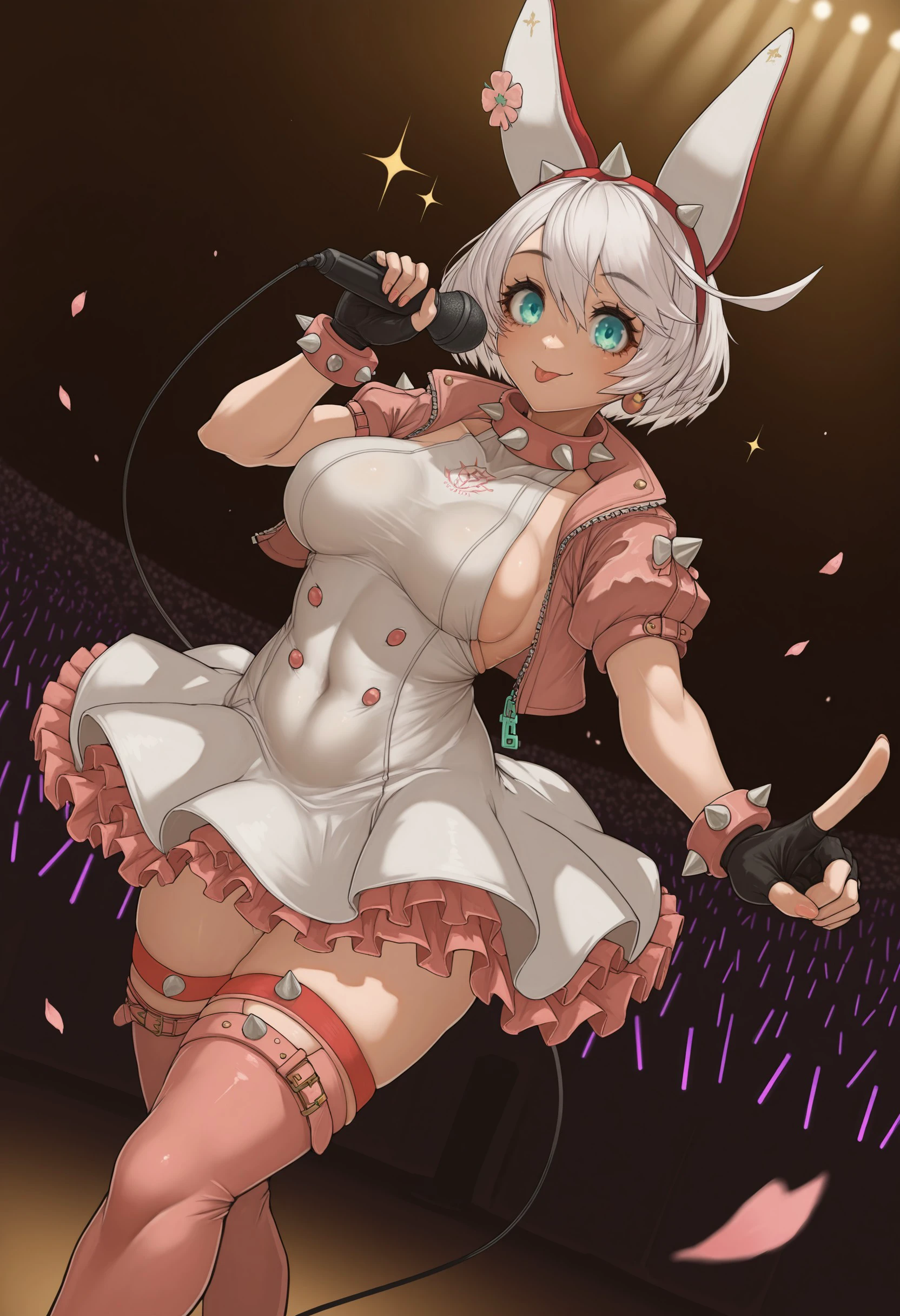 there is a girl dressed in a tight outfit holding a black object, 1girl, yukine chris, solo, rabbit ears, animal ears, breasts, long hair, playboy bunny, pantyhose, purple eyes, twintails, large breasts, fake animal ears, white background, cleavage, very long hair, full bodya very attractive anime women with long pink hair holds a knife and a pair of scissors, 1girl, yukine chris, solo, rabbit ears, animal ears, breasts, long hair, pantyhose, playboy bunny, microphone, purple eyes, large breasts, white background, twintails, cleavage, very long hair