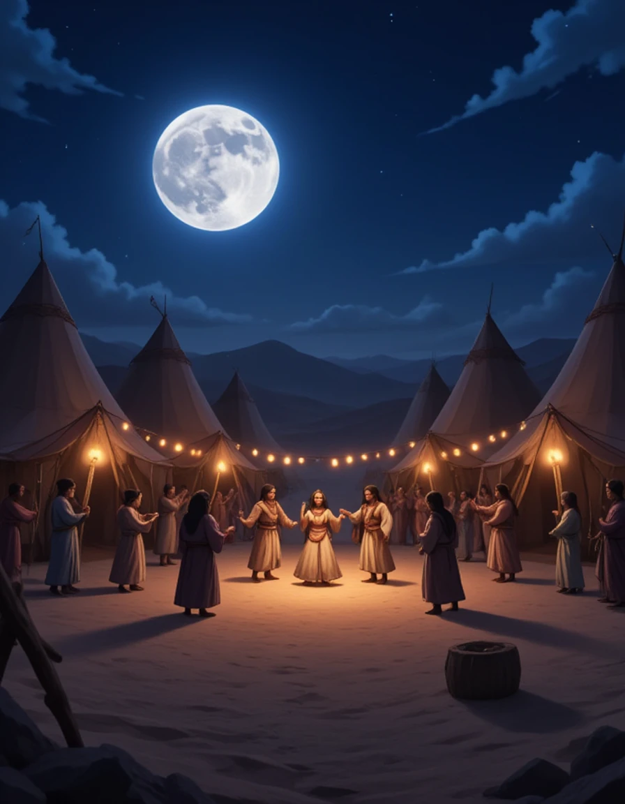 A nomadic tribe performing a traditional dance under a full moon, surrounded by decorated tents, with flickering torches lighting up the sandy terrain., anime