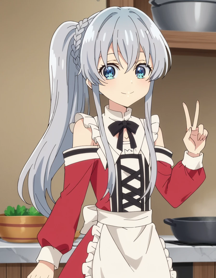 score_9, score_8_up, score_7_up, source_anime, <lora:celia-claire-s2-ponyxl-lora-nochekaiser:1>, celia claire, long hair, bangs, blue eyes, hair between eyes, braid, grey hair, sidelocks, side ponytail, anime screencap,, shirt, long sleeves, bow, black bow, neck ribbon, red dress, bare shoulders, black skirt, frilled skirt, thighhighs, white thighhighs,, kitchen, cooking, apron, cutting vegetables, home cooking, smile, v, v over eyes,, looking at viewer, solo,, cowboy shot