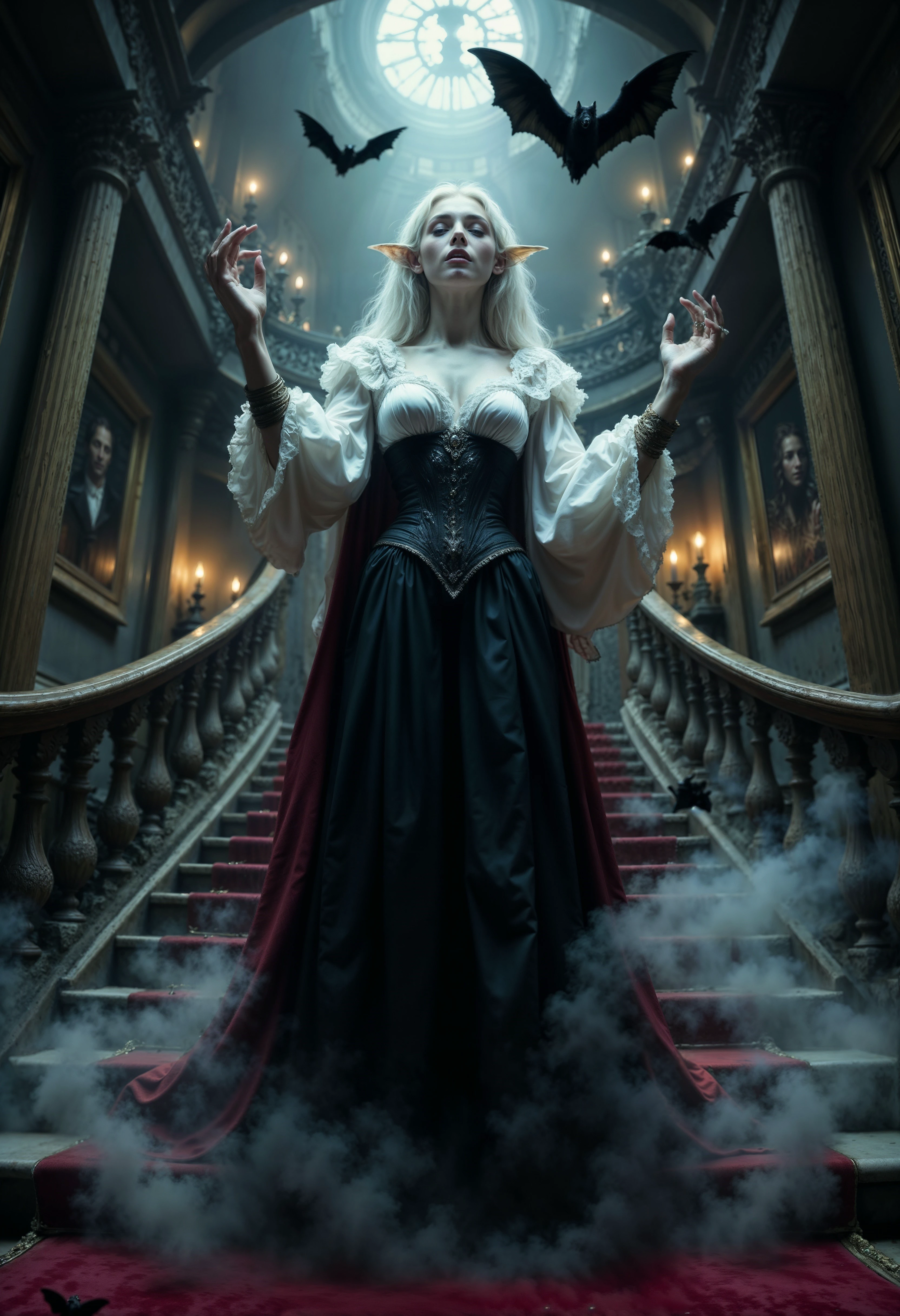 R3alisticF, A vampiric figure, standing in an imposing, gothic interior, likely the grand staircase of a dark, aristocratic mansion. The character exudes an air of elegance and supernatural power, with pale, porcelain-like skin and flowing white hair cascading down her back. Her pointed ears and red eyes confirm her vampiric nature, and her fangs are subtly visible, adding to the sense of danger. She wears a refined outfit: a ruffled white blouse with voluminous sleeves, combined with a dark corset and a flowing black skirt, adorned with a deep red cape that adds a regal touch to her appearance. Her posture is poised, with her arms raised as though she is conjuring or commanding the dark mist swirling around her. The shadowy fog at her feet envelops the scene, from which black bats are emerging, flying into the air as if summoned by her will. These bats further enhance the gothic and supernatural atmosphere of the scene. The setting is dimly lit, with the red carpeted stairs and shadowy portraits on the walls contributing to the haunting and aristocratic ambiance. The image evokes a sense of dark beauty and mystery, portraying the character as a powerful, enigmatic vampire, possibly the matriarch of this eerie and grand domain. <lora:FluxMythR3alisticF:1>