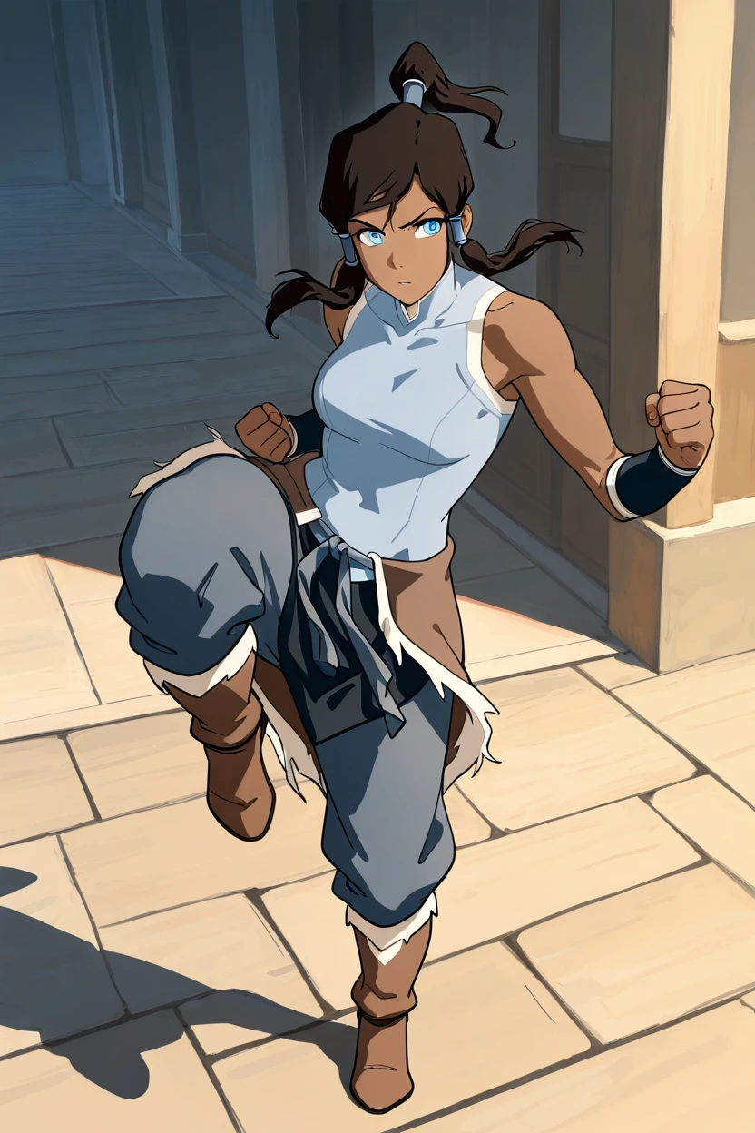 masterpiece, best quality, 1girl, solo, eyelashes, (beautiful eyes),   aaKorra, blue shirt, full body, long hair, bare shoulders, ponytail, hair tubes, kicking, topknot, high kick   ,<lora:KorraStyleIXL:1.0>,