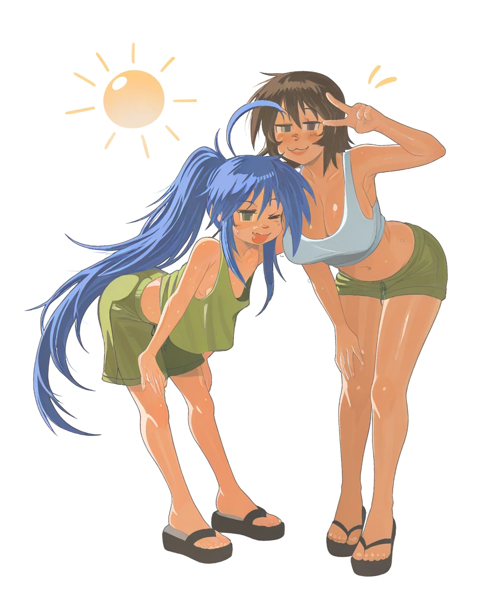 (Kissed)、Kagami Hiiragi、Konata Izumi、Two women having fun by the pool、lewd:1,2、Metamorphosis:1,2、NSFW:1,2、Lesbian Mika:1,2、Touching each other's crotches、Kissed、blushes、Wet sleeveless T-shirt、shortpants、anatomically correcte