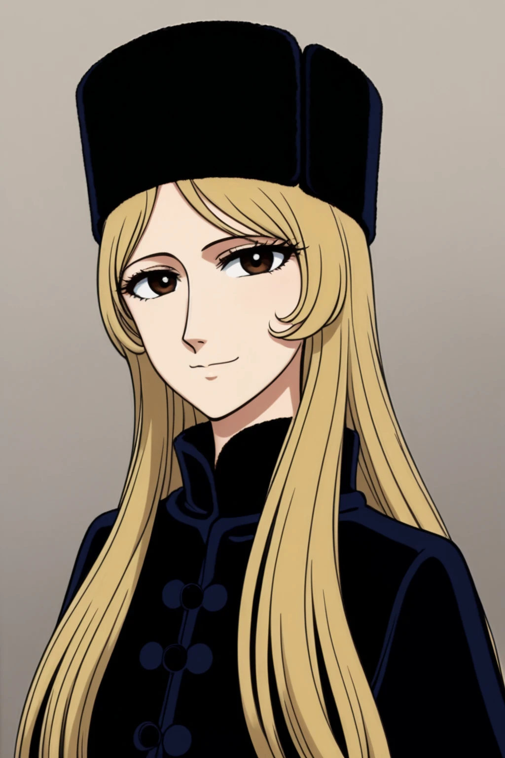 score_9, score_8_up, score_7_up, score_6_up,
source_anime, 
illustration,
1 woman,30yo,mature,solo,
maetel,maetel(ge999),  
brown eyes, yellow long hair,
black eyes,  nose, small mouth,
black hat, (black coat:1.1), (black boots:0.4),
portrait,smile,
<lora:maetel7:0.6>