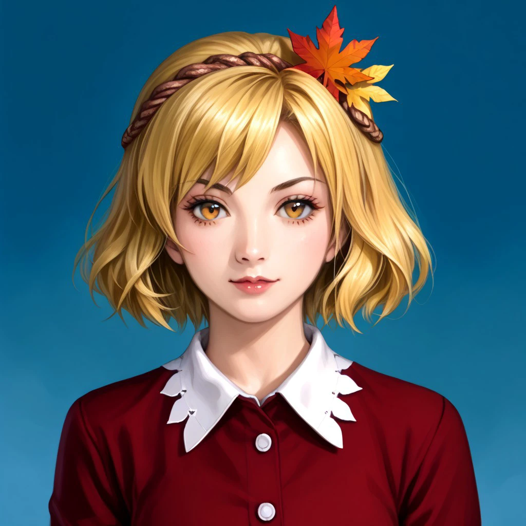 ((RTKXI style)), (145), ((portrait)), ((painted)), ((realistic)), simple background, upper body, 1girl, solo, looking at viewer, ((aki shizuha)), (blonde hair), hair ornament, (short hair), leaf hair ornament, (yellow eyes), long sleeves, skirt, dress, shirt, red shirt, red skirt, skirt hold, leaf, maple leaf, autumn leaves, leaf on head, buttons