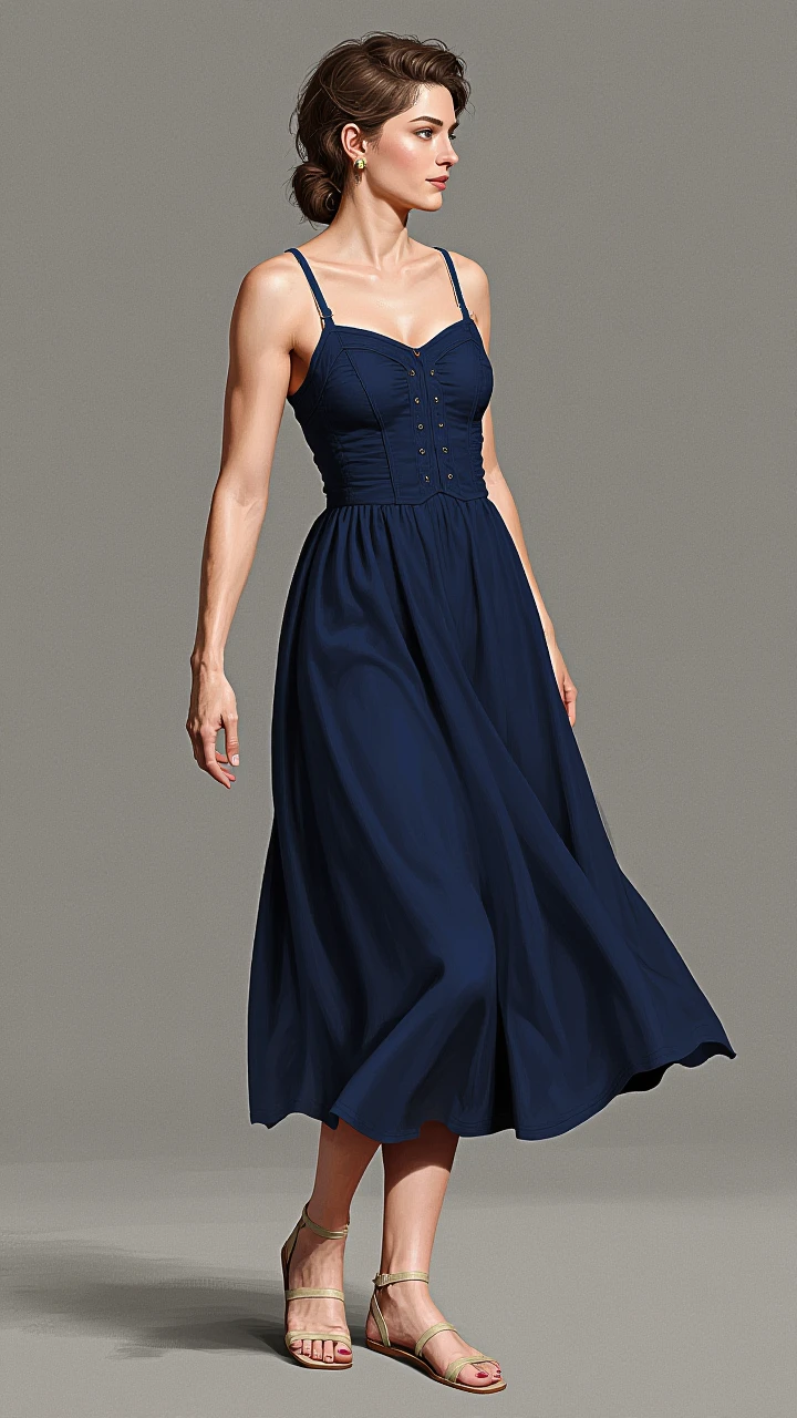 artwork in sr artstyle, A woman with detailed skin stands gracefully against a neutral background, wearing a navy blue midi dress with thin straps and a fitted bodice that flows into a gathered skirt. She pairs the dress with beige ankle-strap sandals, exuding elegance and simplicity in a timeless style.