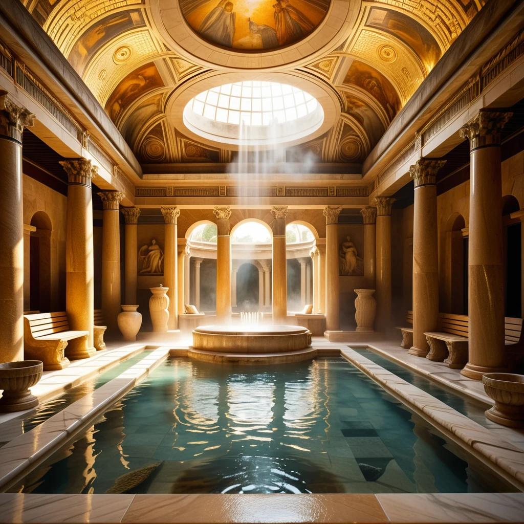 at night, dark, nighttime, interior, intricately detailed, ancient temple, (ruin), a gorgeous woman swims in a large pool of iridescent water, dusty, deserted, ancient, crumbling pillars, poorly lit, dynamic lighting, dark