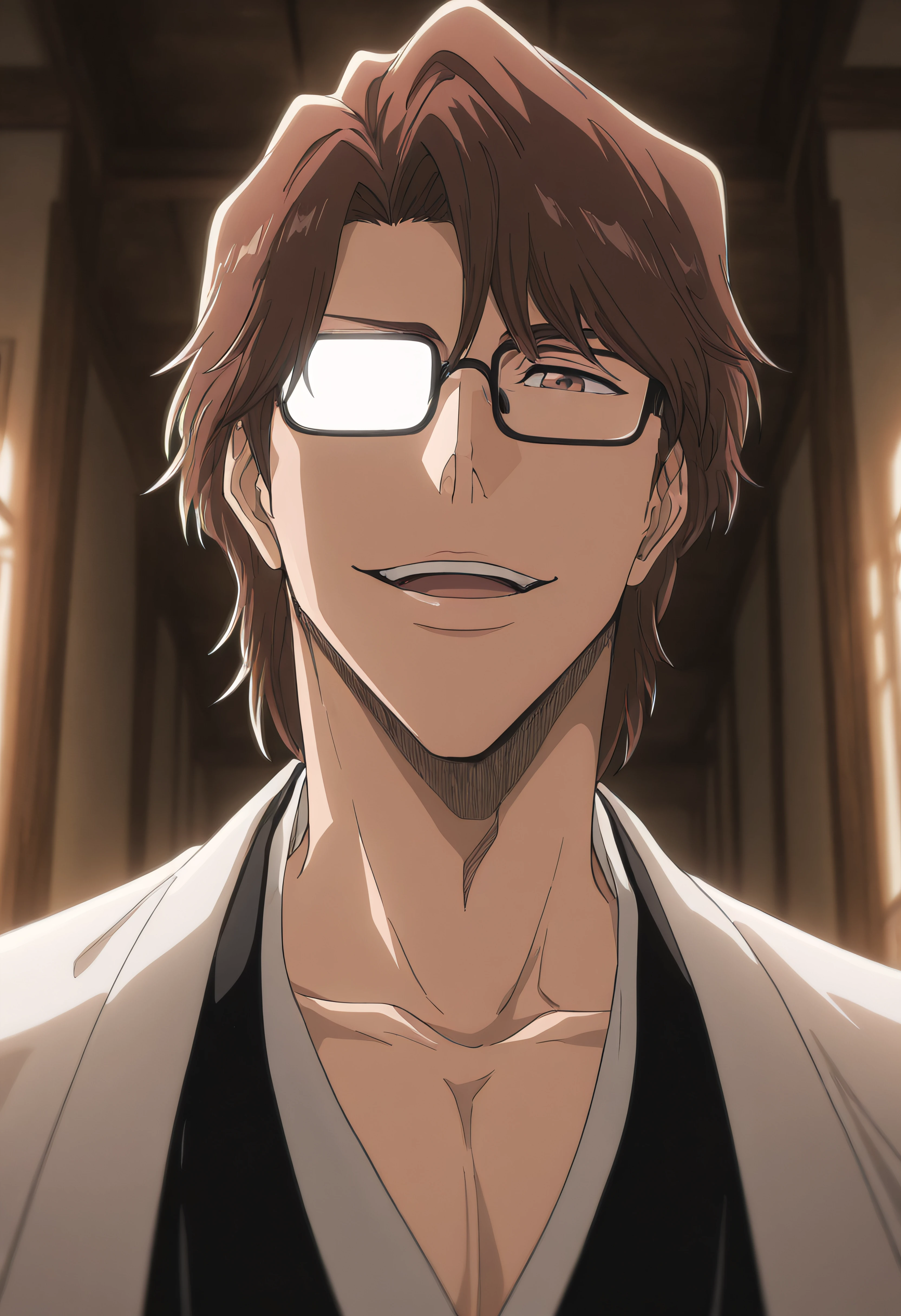 masterpiece, best quality, amazing quality, very aesthetic, absurdres, newest, (scenery, volumetric lighting),
aizen sousuke, solo, smile, open mouth, brown hair, 1boy, brown eyes, male focus, vslinxaizen_ss, glasses, parody, portrait, close-up, black-framed eyewear, evil smile, opaque glasses, anime
masterpiece, best quality, amazing quality, very aesthetic, absurdres, newest, (scenery, volumetric lighting)