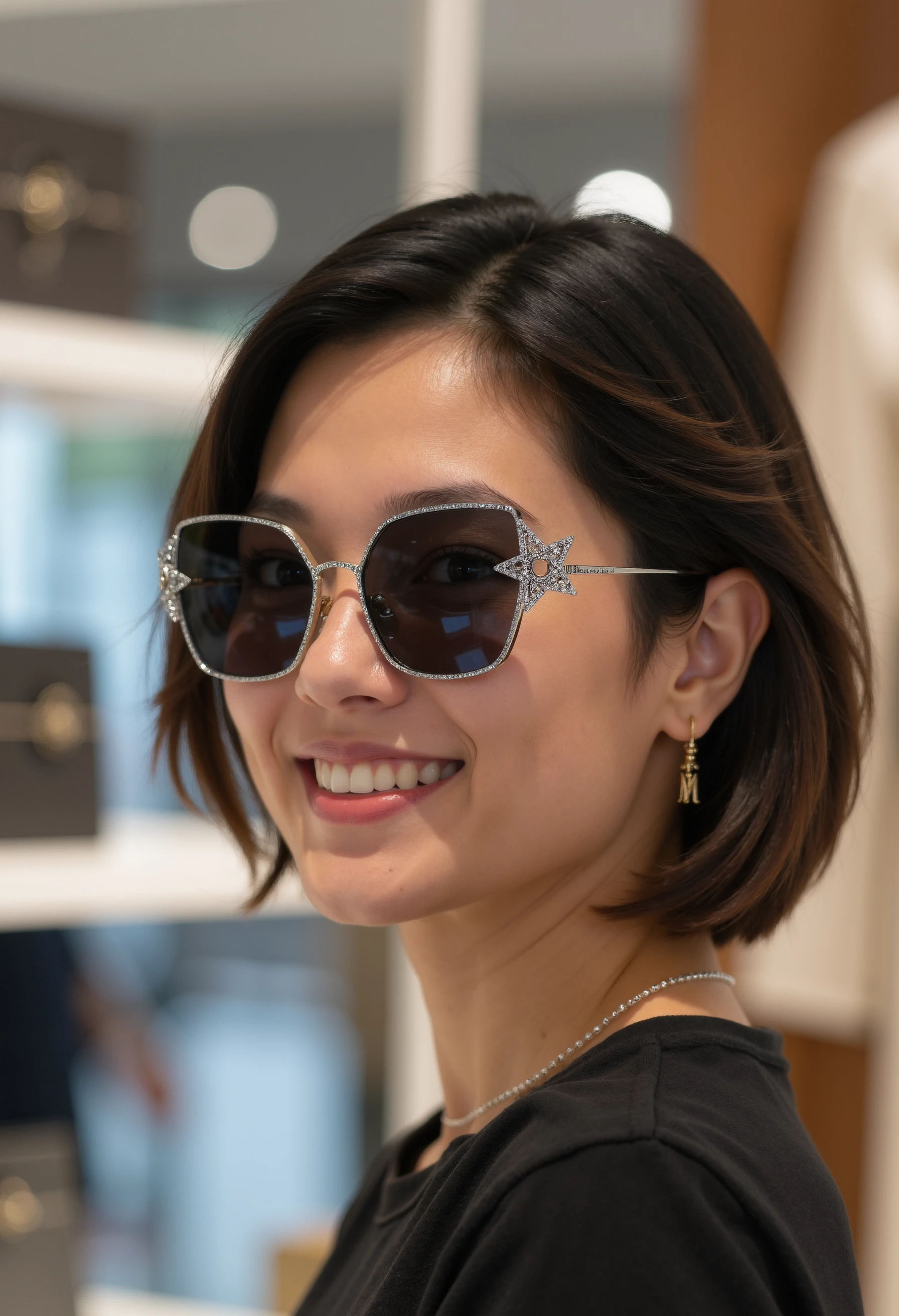 clo035, head shot of a asian woman, wearing a Christian Dior sunglasses with a metal frame and black lenses. The sunglasses have a star-shaped design. black t-shirt, looking in the camera, smiling, in a fashion store