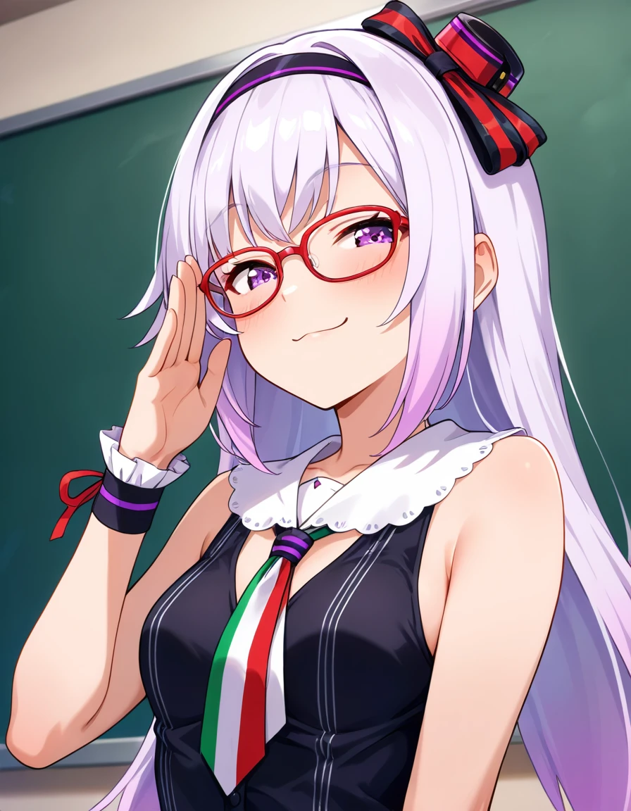 masterpiece, best quality, very aesthetic, absurdres,  carropino, 1girl, long hair, light purple hair, hairband, mini hat, light purple eyes, glasses,  multicolored necktie, sleeveless,  smug, adjusting eyewear, chalkboard, (upper body:1.5), <lora:ILcarropino:0.7>