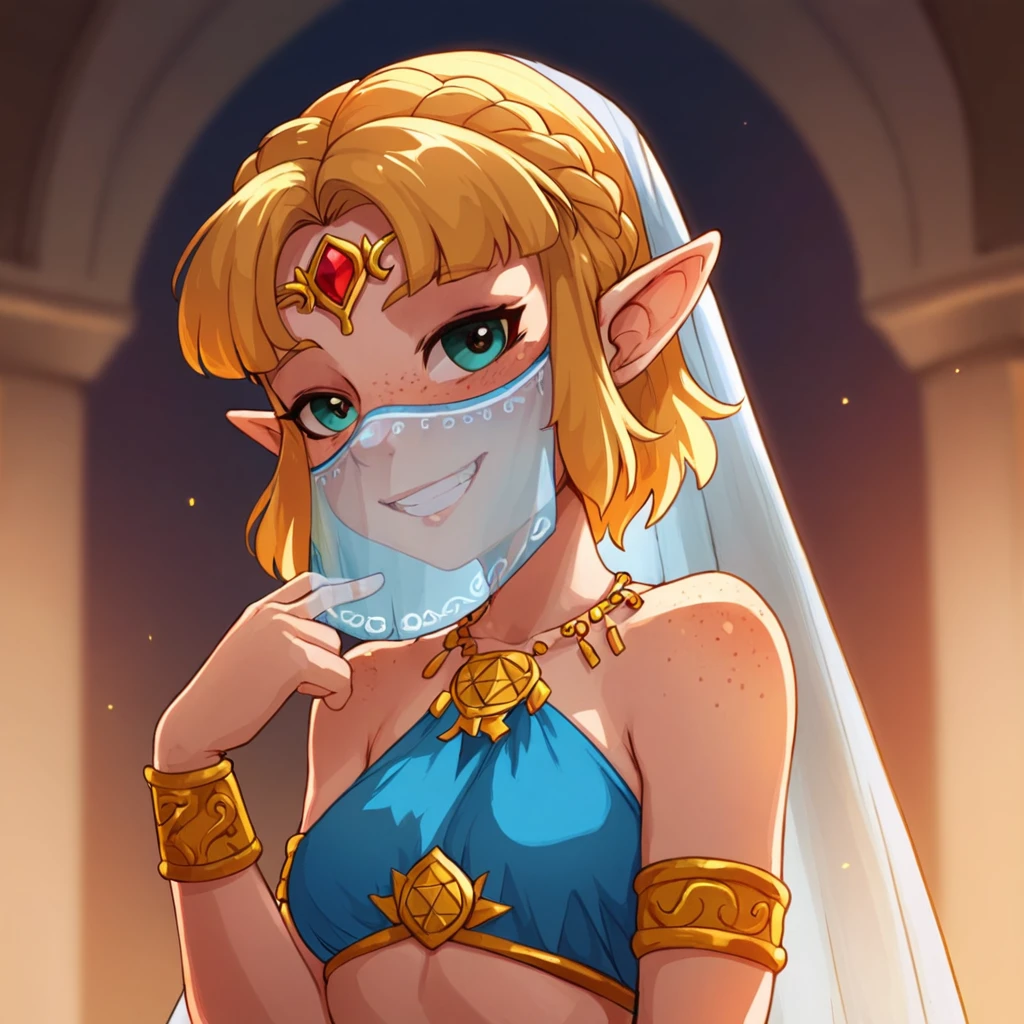 princess zelda, upper body shot, depth of field, short hair, Blonde hair, light skin, freckles, small breasts, smiling, teeth, harem outfit, loincloth, pelvic curtain, Arabian clothes, mouth veil ,
<lora:foxinshadow_3c95:0.8>by foxinshadow, score_9, score_8_up, score_7_up, score_6_up, score_5_up, score_4_up,