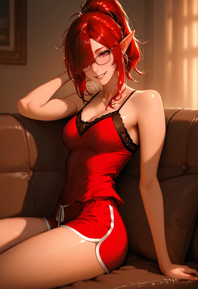 red hair, short but very lush hair, standing next to the bed, tight translucent costume, very short shorts like panties, a sweatshirt that touches only the shoulders and arms, slender, very thin waist, curvy ass, lush breasts, white skin, tall, slender, athletic, detailed face, smiling, lies right in the full height, body turned to the viewer, alone, face, ready for sex,