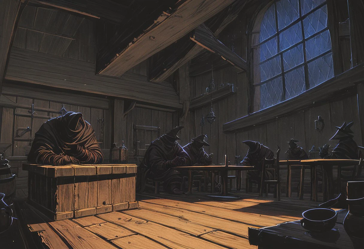 (score_9, score_8_up, score_7_up, score_6_up, score_5_up, score_4_up), inside tavern, multiple tables, very dark, very gloomy, decrepit, poor, dirty, low wooden ceiling, shady characters, medieval, ((dark)), ((night)), ((hazy)), dungeons and dragons art style,dark fantasy style, dark Fantasy page