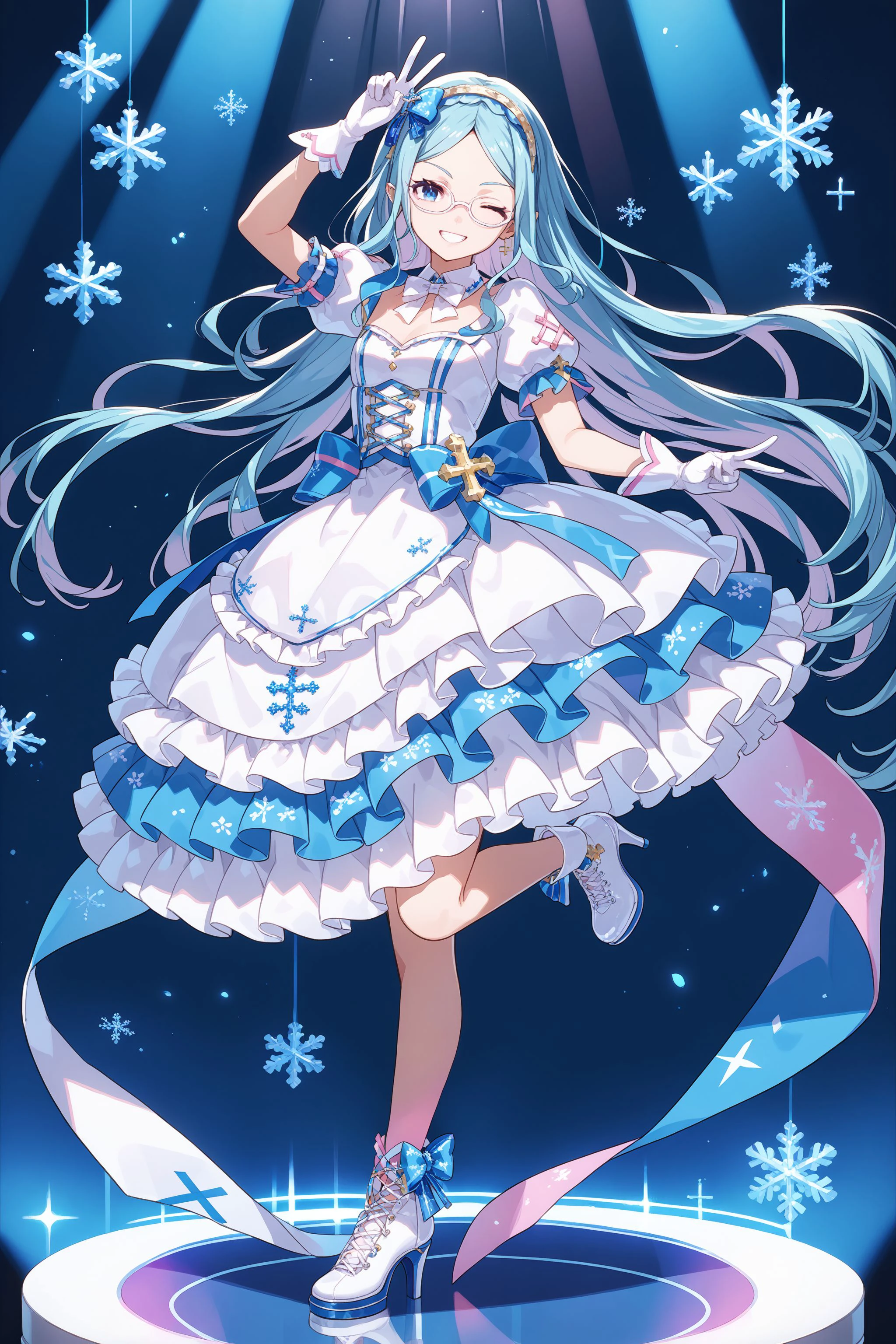 score_max, (score_9, score_8_up, score_7_up:1.2), score_6_up, official art,
masterpiece, absurdres, high detail, 8k,
stage, light beam, snowflakes,
standing on one leg, adjusting eyewear, v sign, smile, one eye closed,
ririi, bow hairband, very long hair, floating hair, white-framed eyewear, idol, detached collar, white bowtie, white dress, multicolored sleeves, puffy short sleeves, white gloves, frilled skirt, multicolored skirt, colorful, cross-laced footwear, heels,
<lora:XL_Pony_gomaotsu-lily-t1:1>