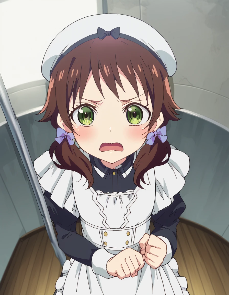 score_9, score_8_up, score_7_up, source_anime, <lora:seireigensouki-chloe-s2-ponyxl-lora-nochekaiser:1>, chloe, brown hair, twintails, green eyes, hair bow, anime screencap,, long sleeves, hat, apron, maid, museum, exhibits, art, history, visitors, , <lora:breast-press-pov-ponyxl-lora-nochekaiser:1>, breast press pov, breast press, pov, from above, clenched hands, blush, looking up, open mouth, embarrassed, cowboy shot, looking at viewer, solo,, cowboy shot