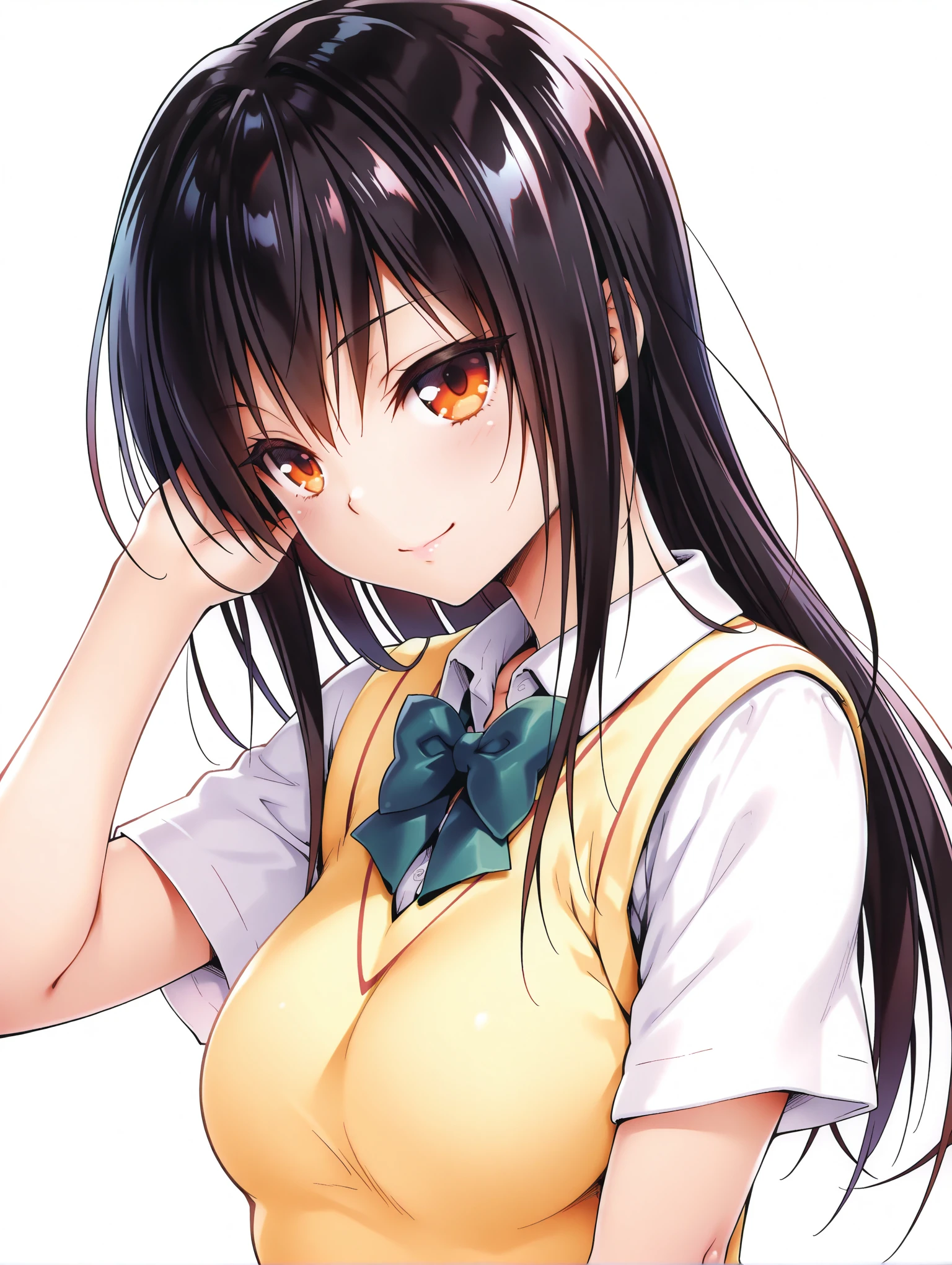 masterpiece,best quality,amazing quality,solo,1girl,
<lora:k_yui_ilxl_v1.1>,yui,black hair,orange eyes,y_clothes,short sleeve blouse,school uniform,sweater vest,
<lora:Fixhands_anime_bdsqlsz_V1:1>,dynamic_angle,cinematic_angle,seductive_smile,white background,simple_background,hand_in_hair,upper_body,