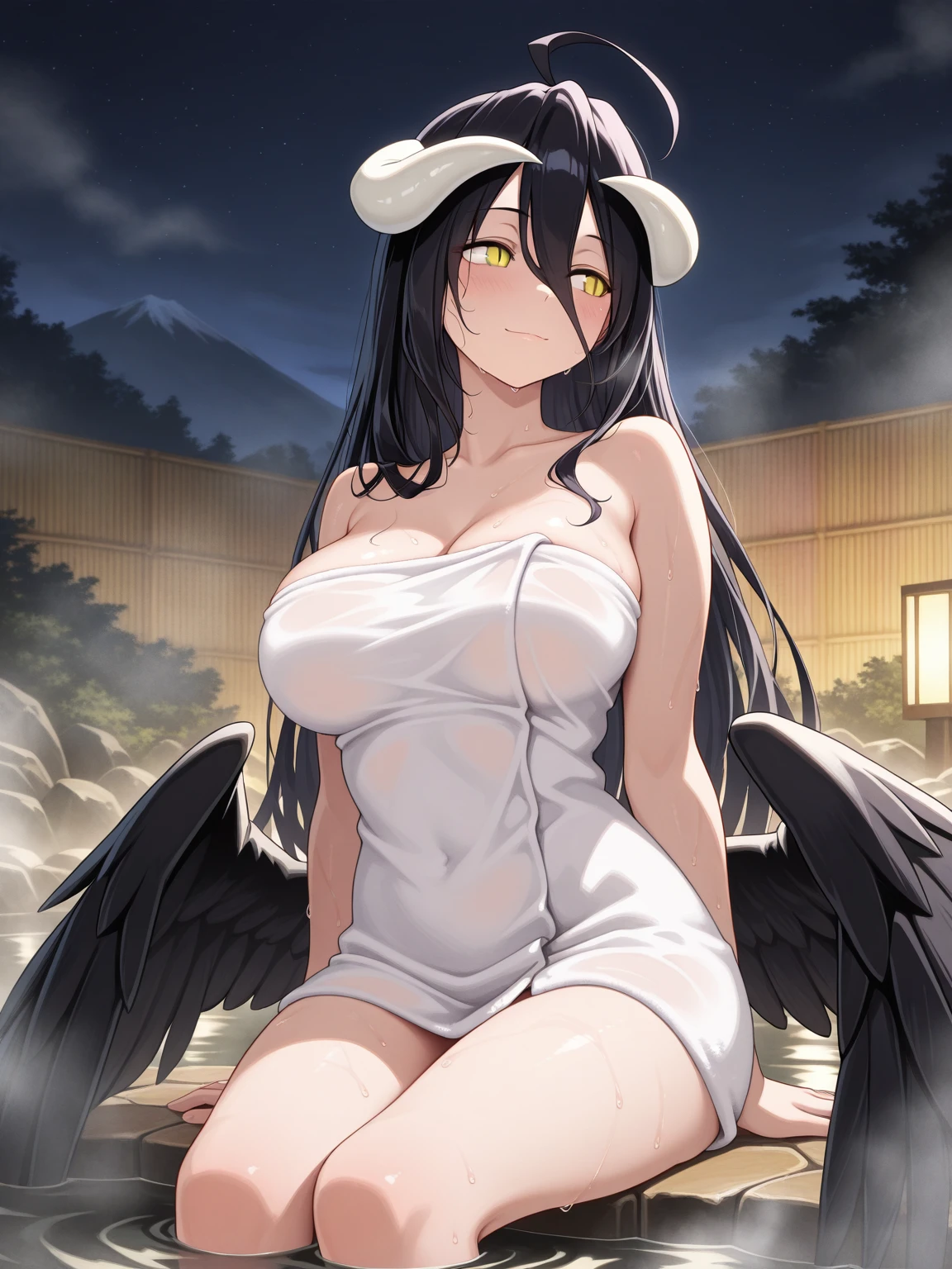 hasumi ba, halo, very long hair, black hair, upper body, thighs, standing, (lake background with trees around the lake), huge breasts, blush, 1girl, solo, black choker, looking at viewer, hair between eyes, ((bikini)), red eyes, wings, black wings, smile, happy, parted lips