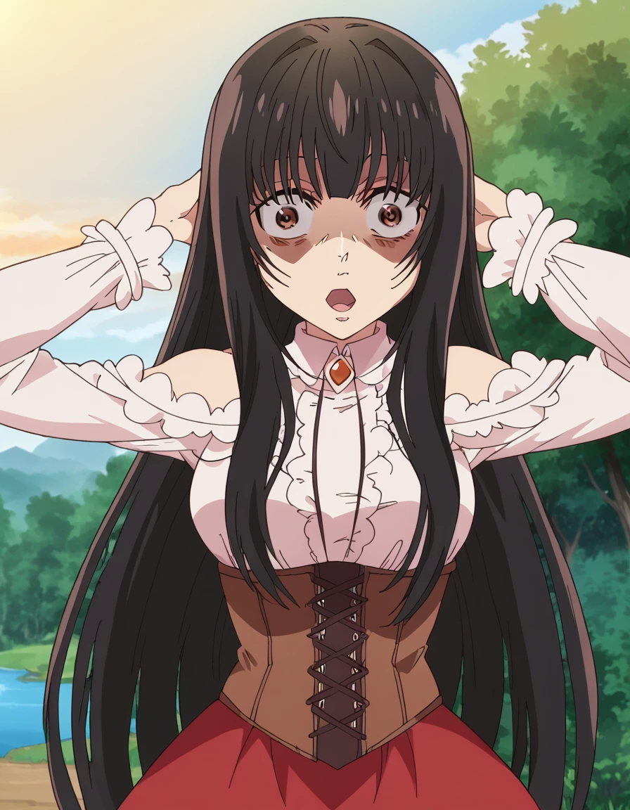 score_9, score_8_up, score_7_up, source_anime, <lora:miharu-ayase-s2-ponyxl-lora-nochekaiser:1>, miharu ayase, long hair, bangs, black hair, very long hair, brown eyes, sidelocks, medium breasts, anime screencap,, long sleeves, dress, bare shoulders, frills, center frills, red skirt, long skirt, corset, brown corset,, Natural settings, trees, rivers, sunlight, wildlife, , <lora:shocked-black-guy-ponyxl-lora-nochekaiser:1> shocked black guy, open mouth, looking at viewer, hands behind head, shaded face,, looking at viewer, solo,, cowboy shot