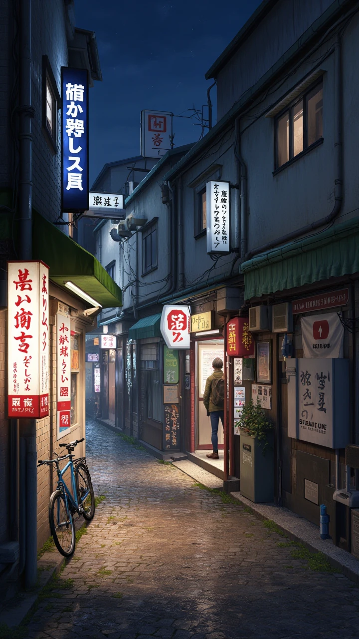 artwork in sr artstyle, A nighttime scene of a narrow alleyway, likely in an Asian city, given the presence of a signboard with Japanese characters. The alley is illuminated by a warm, ambient light, casting a soft glow on the wet cobblestone path. A bicycle is parked to the left, and a person is seen entering the entrance of the establishment, possibly a shop or a restaurant. The walls of the alley are adorned with various signs and advertisements, predominantly in Japanese characters, and are painted in muted tones of blue, red, and gray. The atmosphere is quiet and intimate, with the play of light and shadow adding depth and drama.