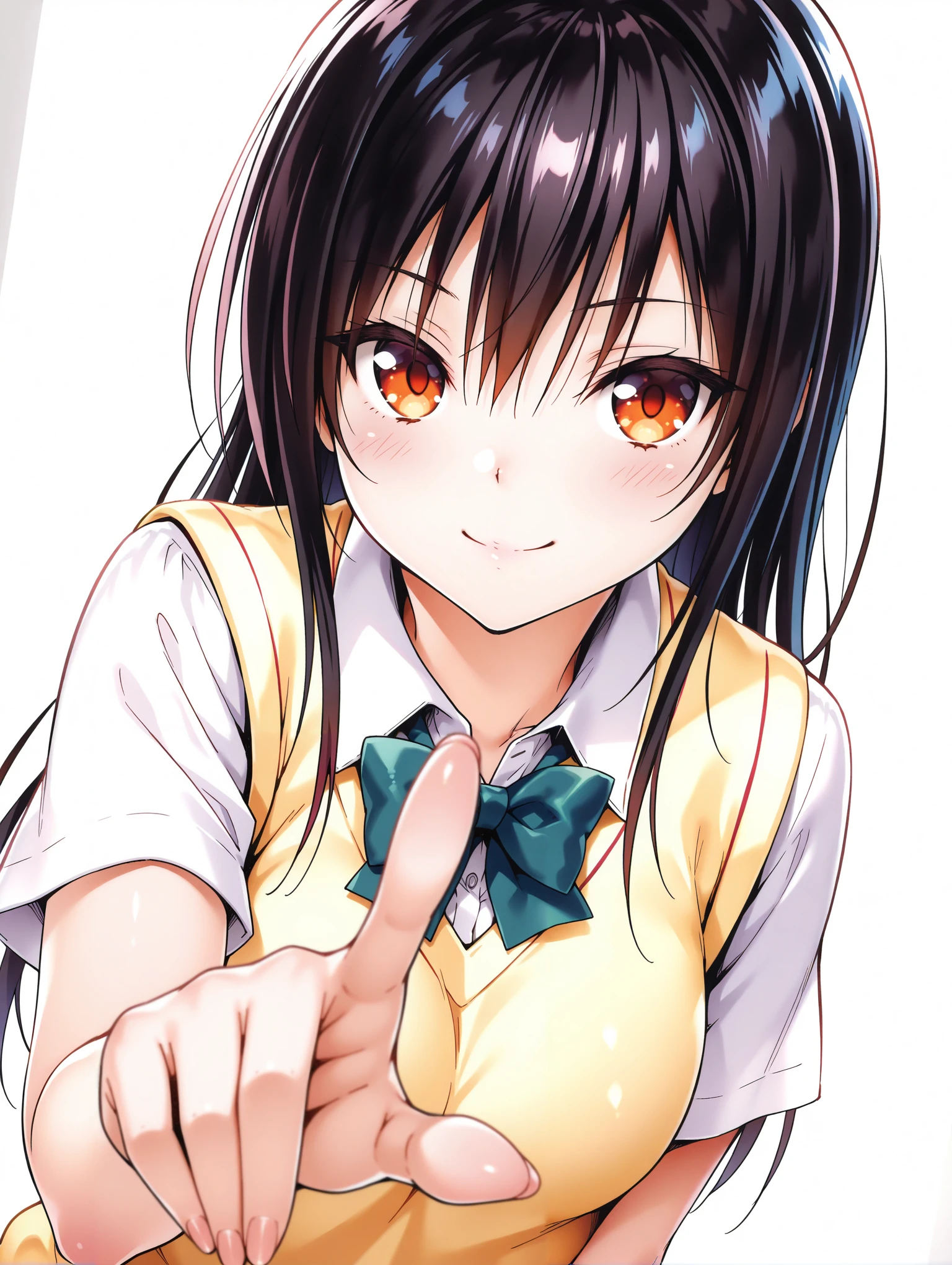 masterpiece,best quality,amazing quality,solo,1girl,
<lora:k_yui_ilxl_v1.1>,yui,black hair,long hair,orange eyes,y_clothes,short sleeve blouse,school uniform,sweater vest,
<lora:Fixhands_anime_bdsqlsz_V1:1>,looking_at_viewer,upper_body,face_focus,dynamic_angle,cinematic_angle,reaching,(pointing:1.2),pov,smile,white_background,simple_background,blush,