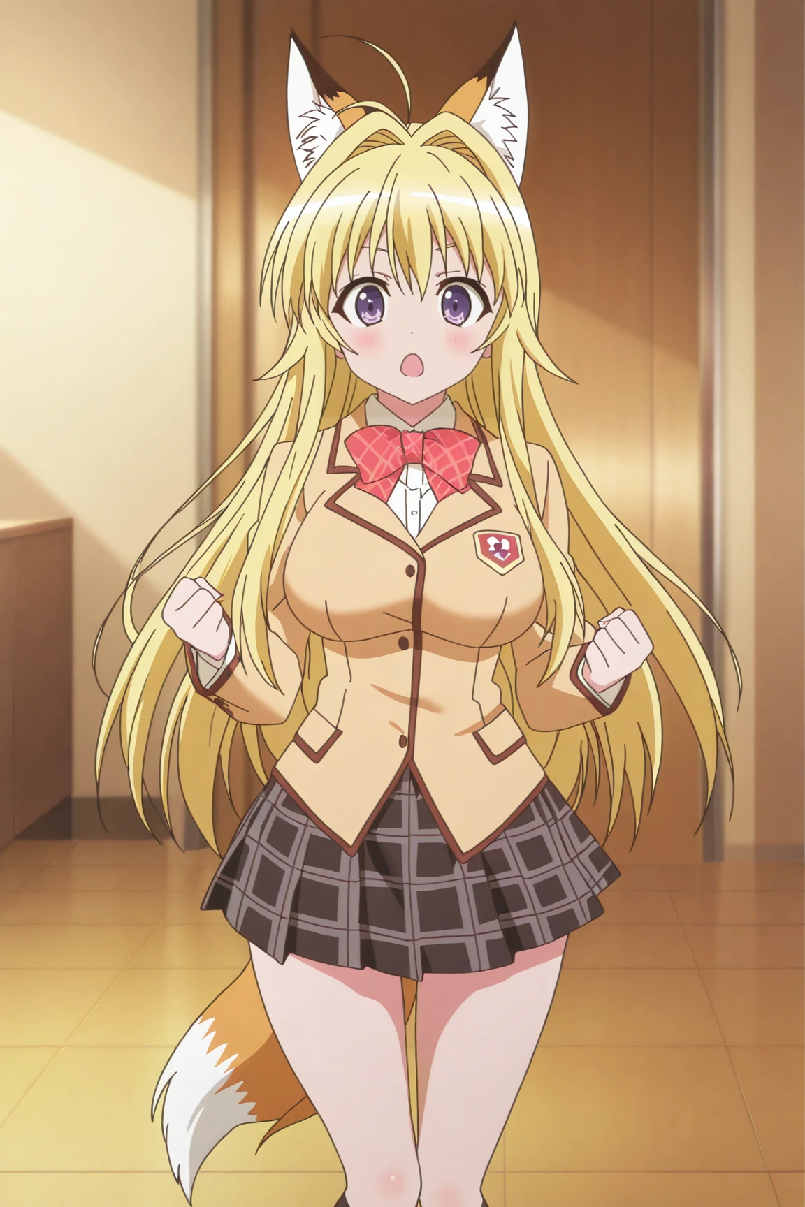 masterpiece, best quality, absurdres, highres, source anime, very aesthetic, BREAK, anime coloring, anime screencap,
<lora:minamoto_chizuru_v1-illustrious:1>,1girl, minamoto chizuru, kanokon, purple eyes, fox ears, fox tail, blonde hair, long hair, large breasts,
school uniform, long sleeves, bow, plaid skirt, kneehighs,
BREAK, looking at viewer,
BREAK, bras d'honneur, open mouth